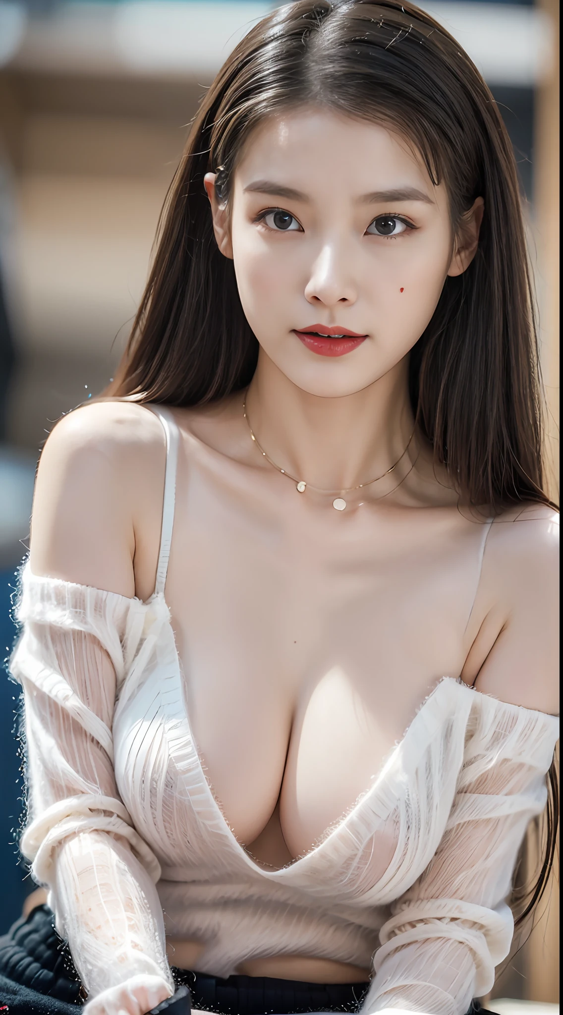 18 years old girls,Perfect face and,cute clothing,slim and slender physique。The skin has detailed and highly detailed eyes(1.1 emphasis),Very detailed skin texture(1.1 emphasis)。Elongated necklace,Model photo style,realisticlying,skin texture is real human skin texture,Detailed Skin Pore,Complicated details,The eyes are very detailed,kneesup,Attractive and sexy chibi,ssmile,,Eat parfait at a café,sitted,Dark blue turtleneck knit sweater,black long pants,coffeehouse,Medium chest,tit,areola of breast,full bodyesbian,Full-body photography,Full body photography,Full body like,Slim waistline, Tempting, 独奏, slutty, ((Topless)), (Realistic, photograph realistic:1.37), Cinematic light