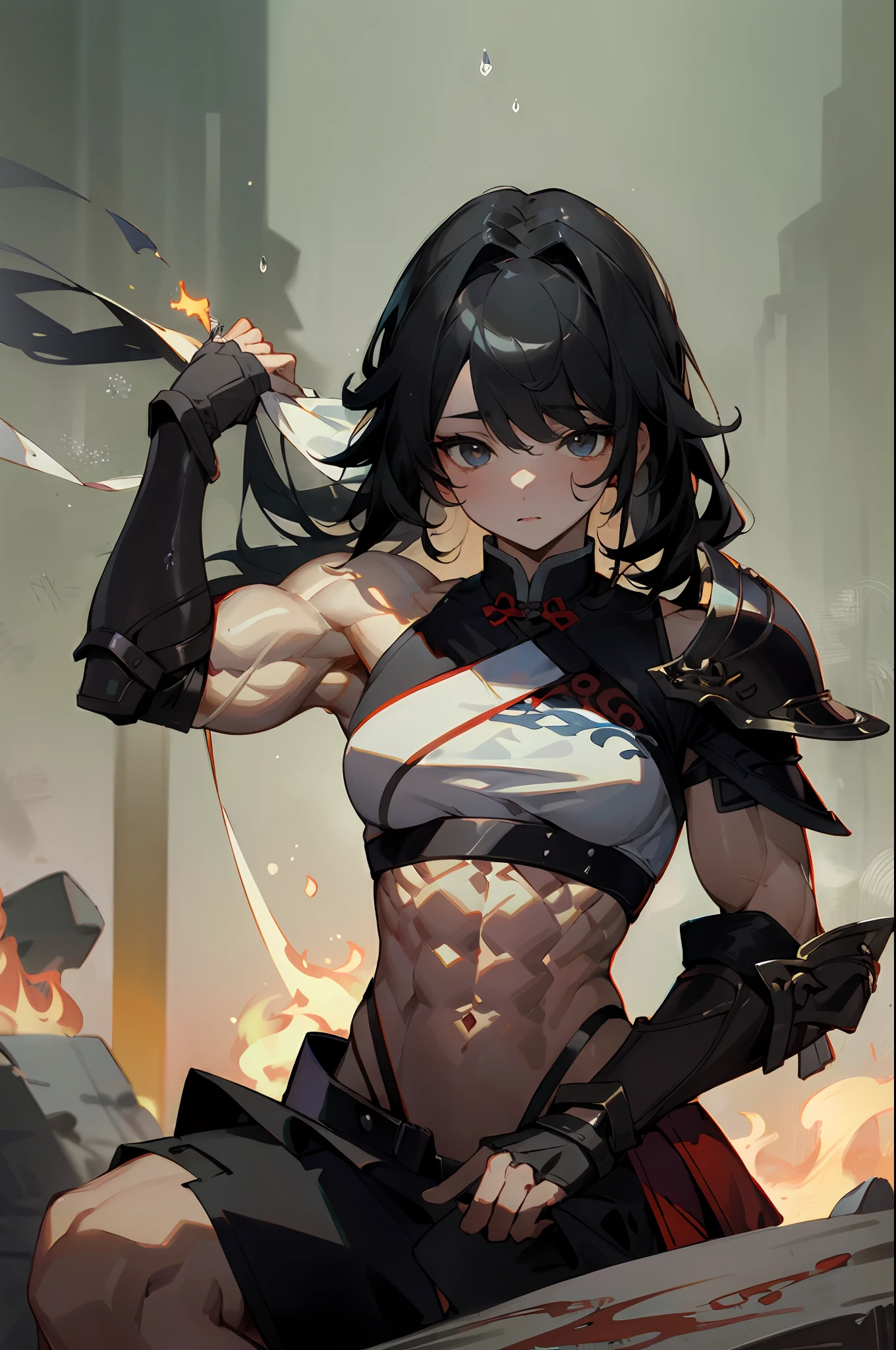 8K, complex, elegant, Highly detailed, Majestic, Digital photography, cowboy lens, surrealism painting, Broken rubies, Beating magic, Entwined fire magic, (Masterpiece, Side light, Fine beautiful eyes: 1.2), hdr, Void 5 Energy Storm, (Chinese girl, Black eyes: 1.5), Pale skin, Glowing skin, ( Sitting on a stone: 1.5), Delicate face, Black hair, Wearing palatial red armor, Bare shoulders, navel, Short skirt, Exquisite red armor, Rained, Beautiful, Looking at the audience, Turn away from the camera, Masterpiece, Upper body,Portrait,Muscular,musculature,Strong,Abs