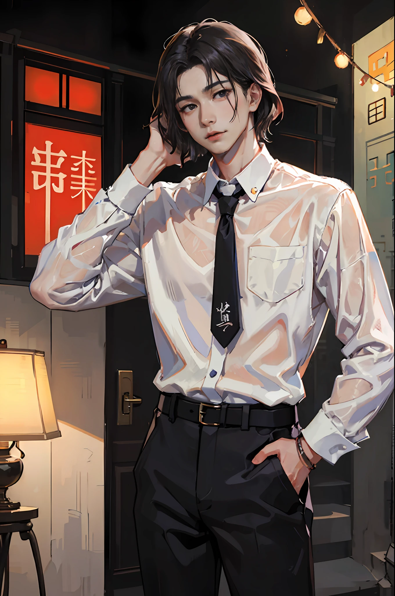 arafed asian man with a tie and a white shirt, a handsome man，black short hair, boy has short black hair, cai xukun, short hair on top of his head, aramaki shinji, with short hair, by Cheng Jiasui, shinji, yanjun chengt, by Tadashi Nakayama, really good looking face!!