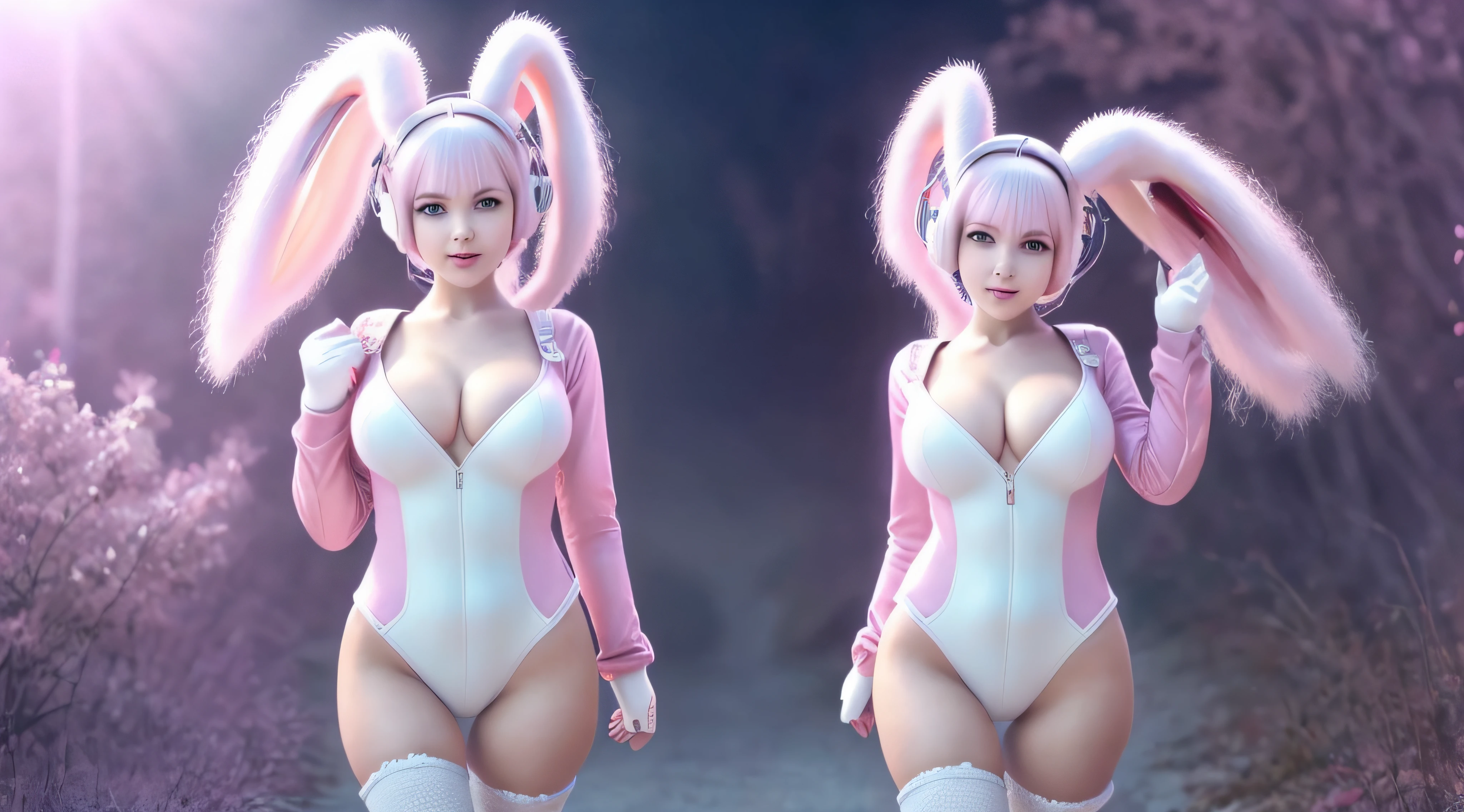 (RAW photo, best quality, masterpiece:1.2), (realistic, photo-realistic:1.4),(masterpiece:1.4),(best quality:1.4),1girl, solo, :d, animal ear headphones, animal ears, arms up, bangs, blush, bodysuit, breasts, bunny pose, clothes writing, covered navel, cowboy shot, cropped jacket, fake animal ears, gloves, outdoor,morning,snow, hair intakes, headphones, impossible bodysuit, impossible clothes, jacket, large breasts, latex, latex bodysuit, long hair, long sleeves, looking at viewer, large breasts, multicolored gloves, open mouth, pink bodysuit, pink eyes, red eyes, red jacket, shiny clothes, shrug \(clothing\), sidelocks, skin tight, smile, thigh gap, thighs, twintails, very long hair, white gloves, white hair,alice \(nikke\),(shiny skin),realistic, --auto