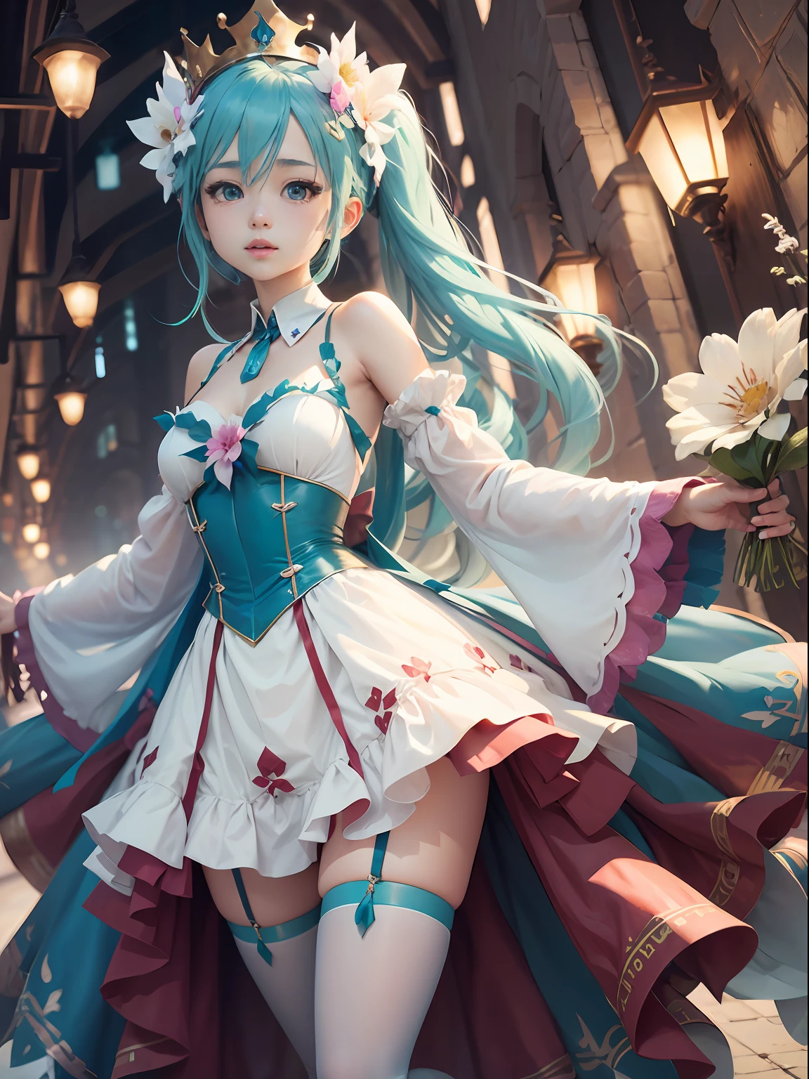 miku,medium_chest,princess_dress,colourful_stages,crown,masterpiece,full_body,white_thighhighs,extremely_detailed_CG_unity_8k_wallpaper,solo,1girl,lights,flower in air,happy,arm behind back,