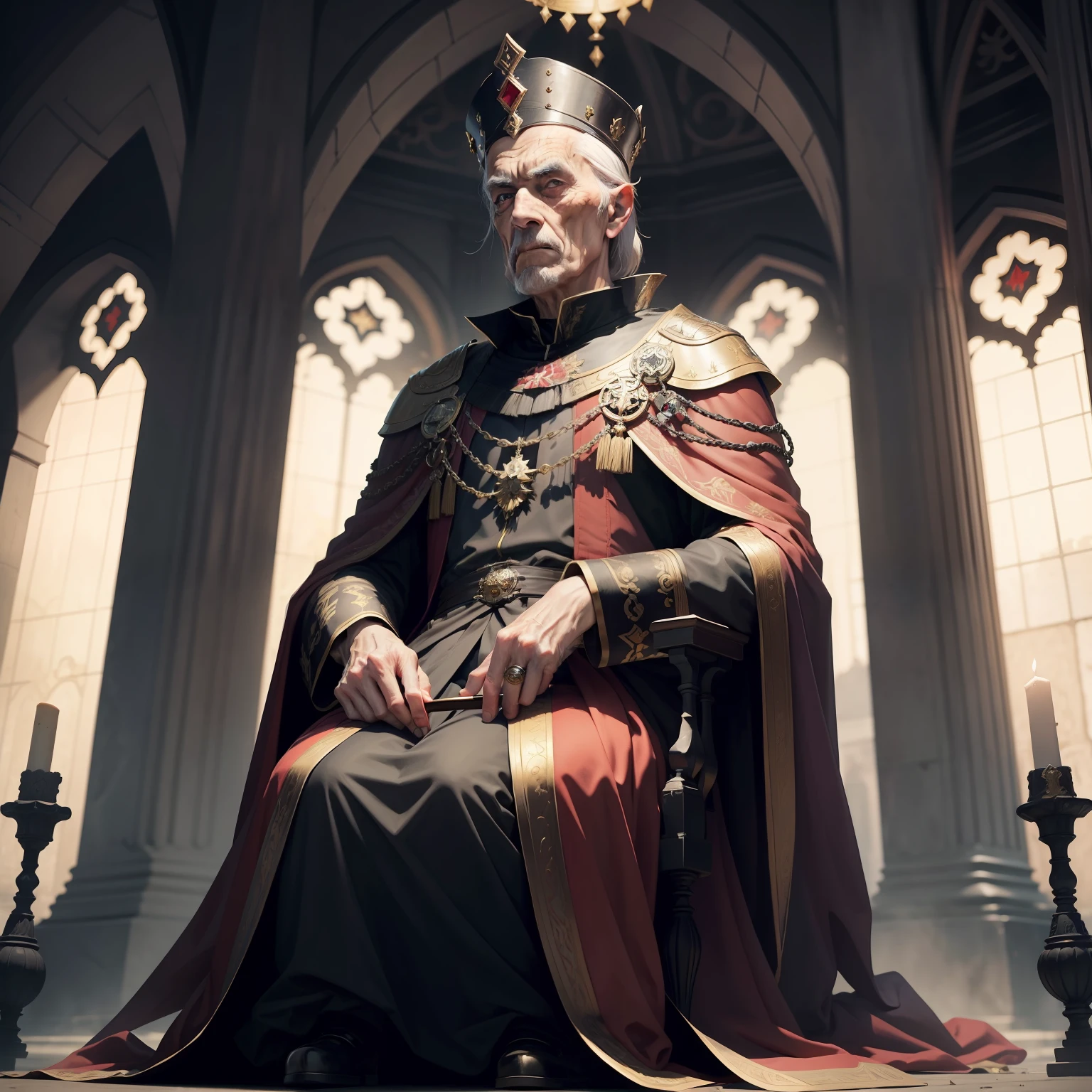 An elderly emperor,Hold a crutch in your hand,Dressed in a black crown suit,red capelet,In front of him are countless monuments,Behind him were countless kneeling courtiers,Back Shadow