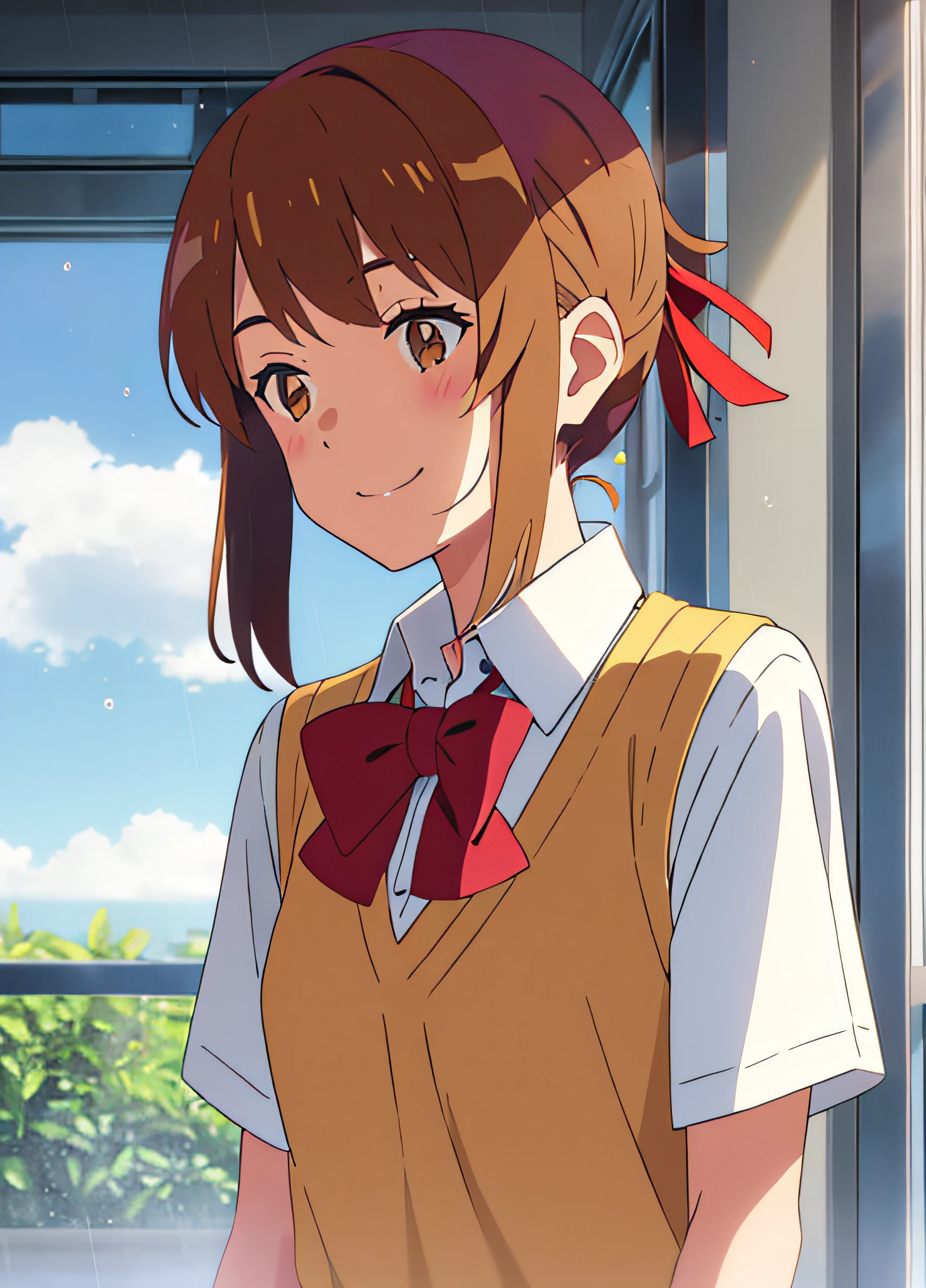 shinkai makoto, kimi no na wa., 1girls, claque, Golden Hair , It's raining , red face, bow, bow tie, Brown eyes, clouds, T-shirt collar, Hair ribbon, Headband, Viewing viewers, market , daylight , red bow, red bow ties, red headband, red ribbon, ribbon, school uniform, shirt Short hair sky, smile, solo, sweater Upper body, vest White shirt, yellow sweater, yellow shirt