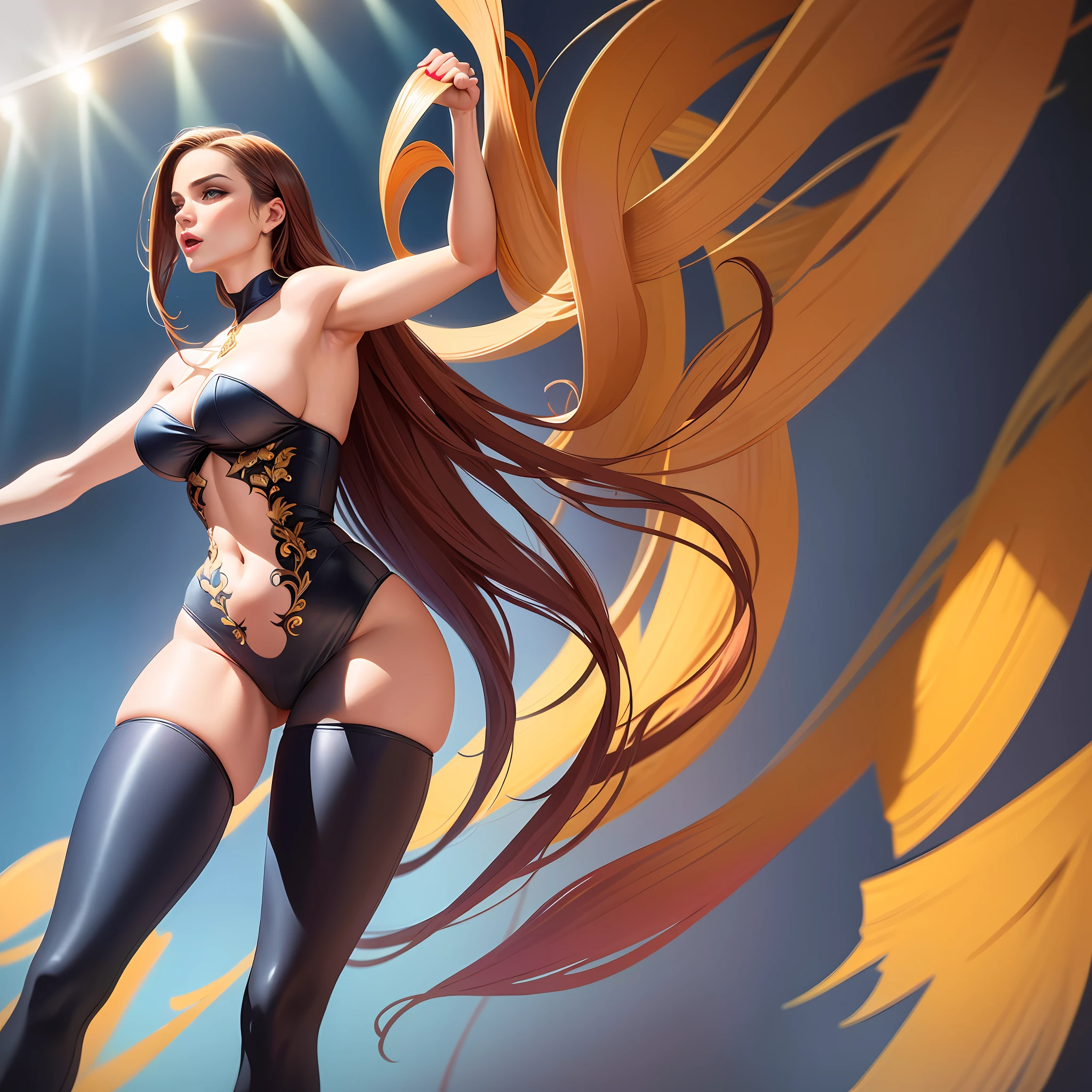 Illustration art, painting art, Whole body movement, Sexy woman in sexy clothes, Soprano Woman, Very cool facial expression, Gorgeous background, Great sexy art, painting art, Sexy art, Detailed body part details, sideface, facing away from the audience, Inspired by J.c.Ryan Decker, Epic European and American illustrations, Tall, The whole body is evenly sexy