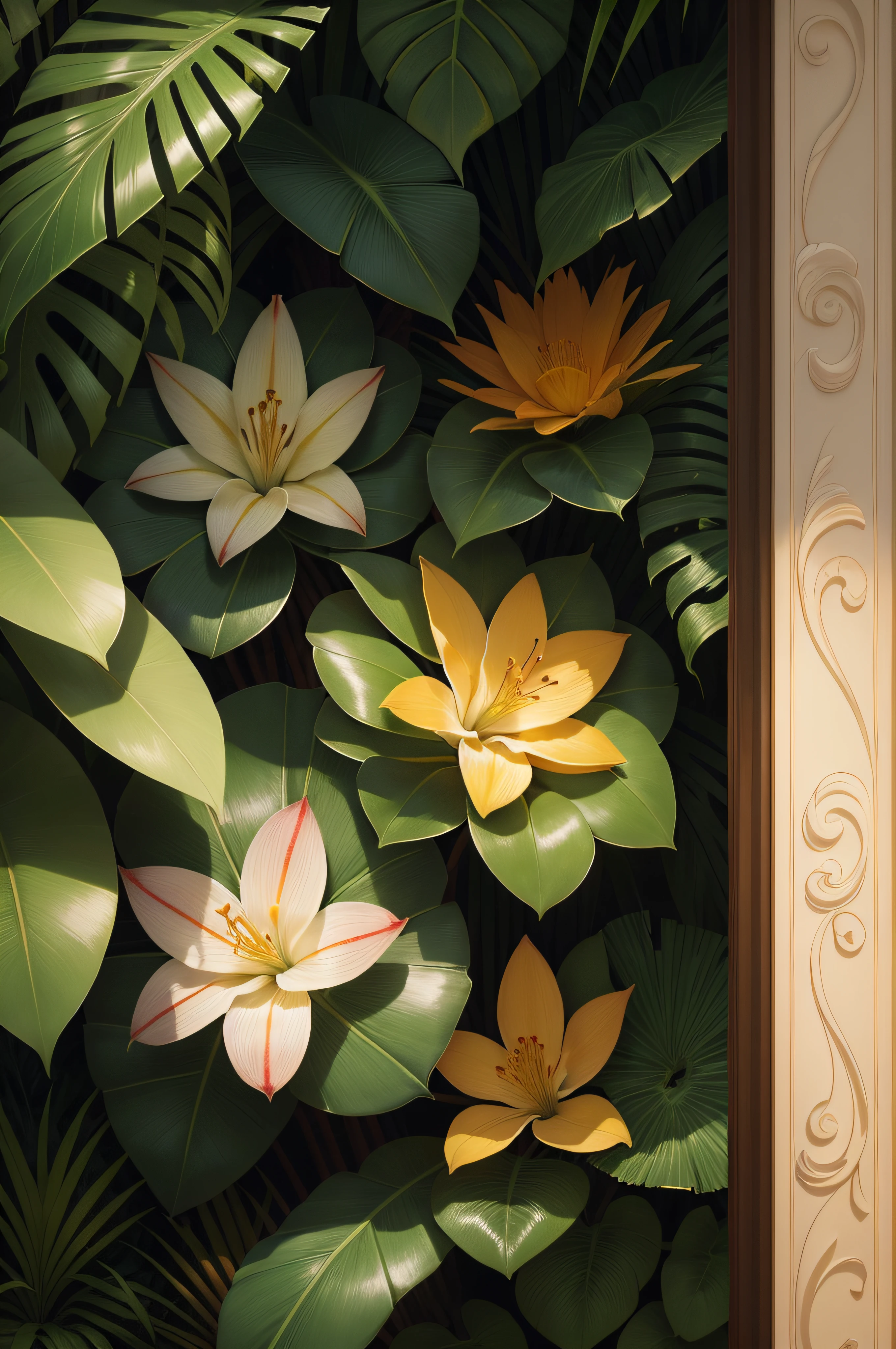Design an Exotic Nature Art Background, Showcasing the Rich Diversity of Tropical Flora and Fauna in an Uncharted Eden