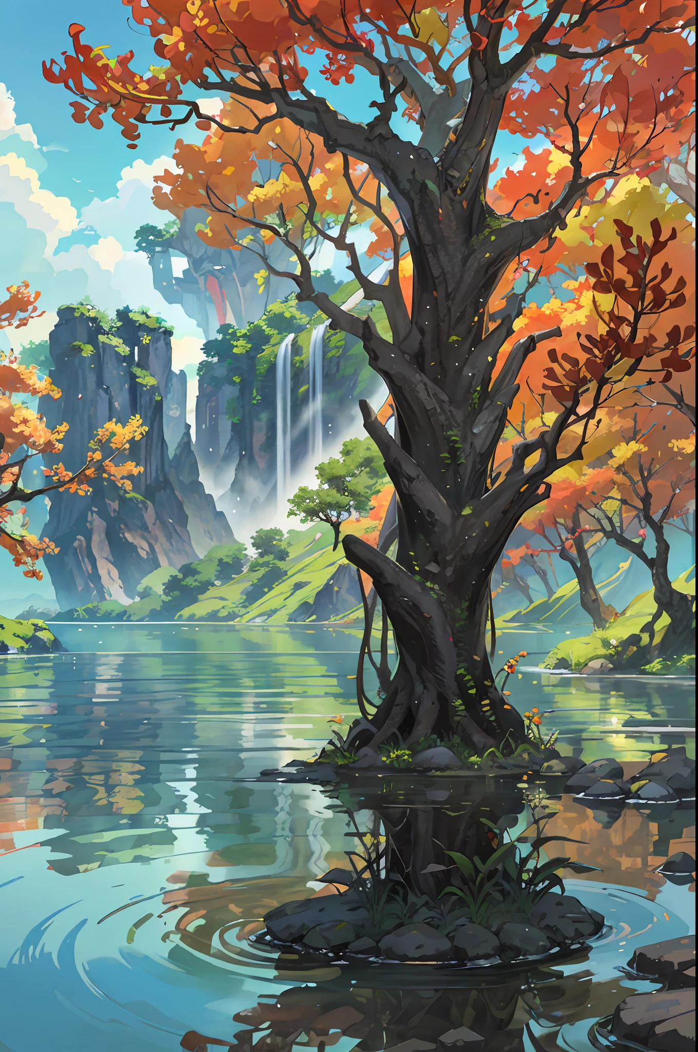 Chinese ancient times, spring, jungle, lake, cave, waterfall, tree, meadow, rock, deer, hot spring, water vapor, (illustration: 1.0), epic composition, realistic lighting, HD details, masterpiece, best quality, (very detailed CG unified 8k wallpaper)