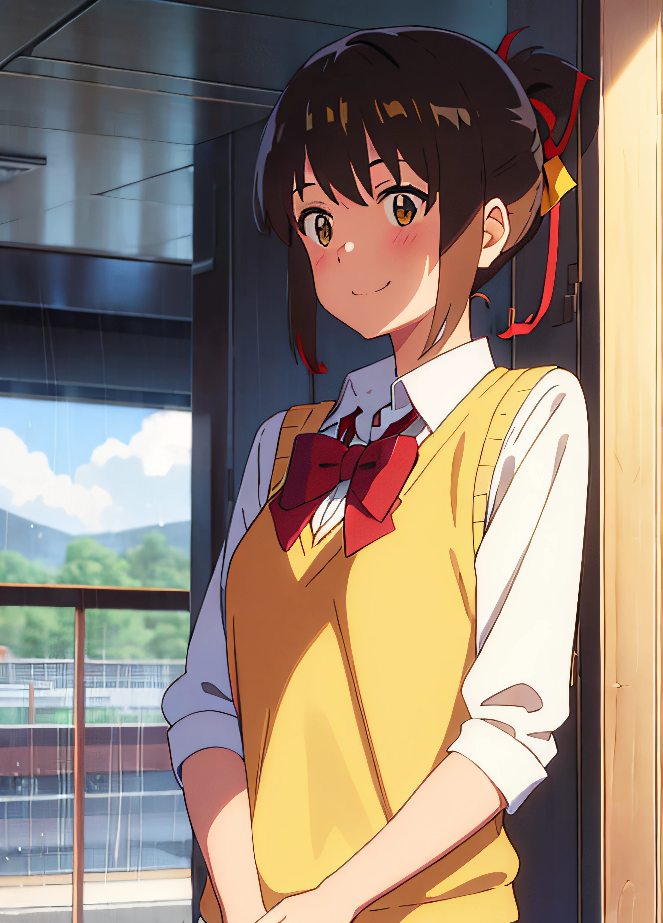 shinkai makoto, kimi no na wa., 1girls, claque, Golden Hair , It's raining , red face, bow, bow tie, Brown eyes, clouds, T-shirt collar, Hair ribbon, Headband, Viewing viewers, market , daylight , red bow, red bow ties, red headband, red ribbon, ribbon, school uniform, shirt Short hair sky, smile, solo, sweater Upper body, vest White shirt, yellow sweater, yellow shirt