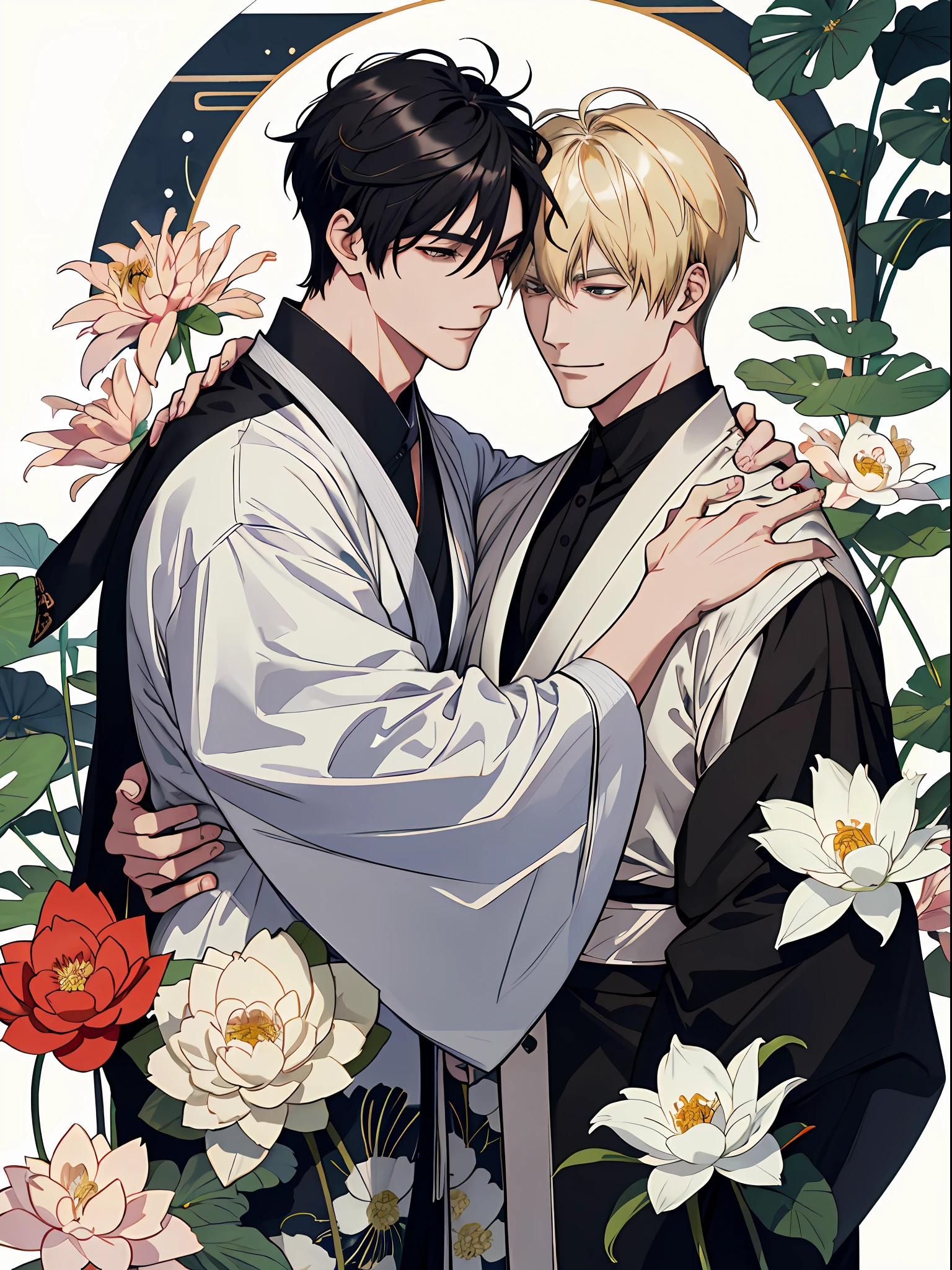(8K, hight resolution, ultra-detailliert), a couple, 1 man and 1 man, Mature, yakuza、Hair color is different, (cuddling), full bodyesbian, a blonde and a black hair, (Two men smiling face to face)、Gray-haired man with beautiful fox ears、Armin、Strong man with black hair with wolf ears、Elvin、ink and watercolor painting、kimono、lotuses、Animal ears,、florals、Lots of flowers nearby、shenron、extra detailed face