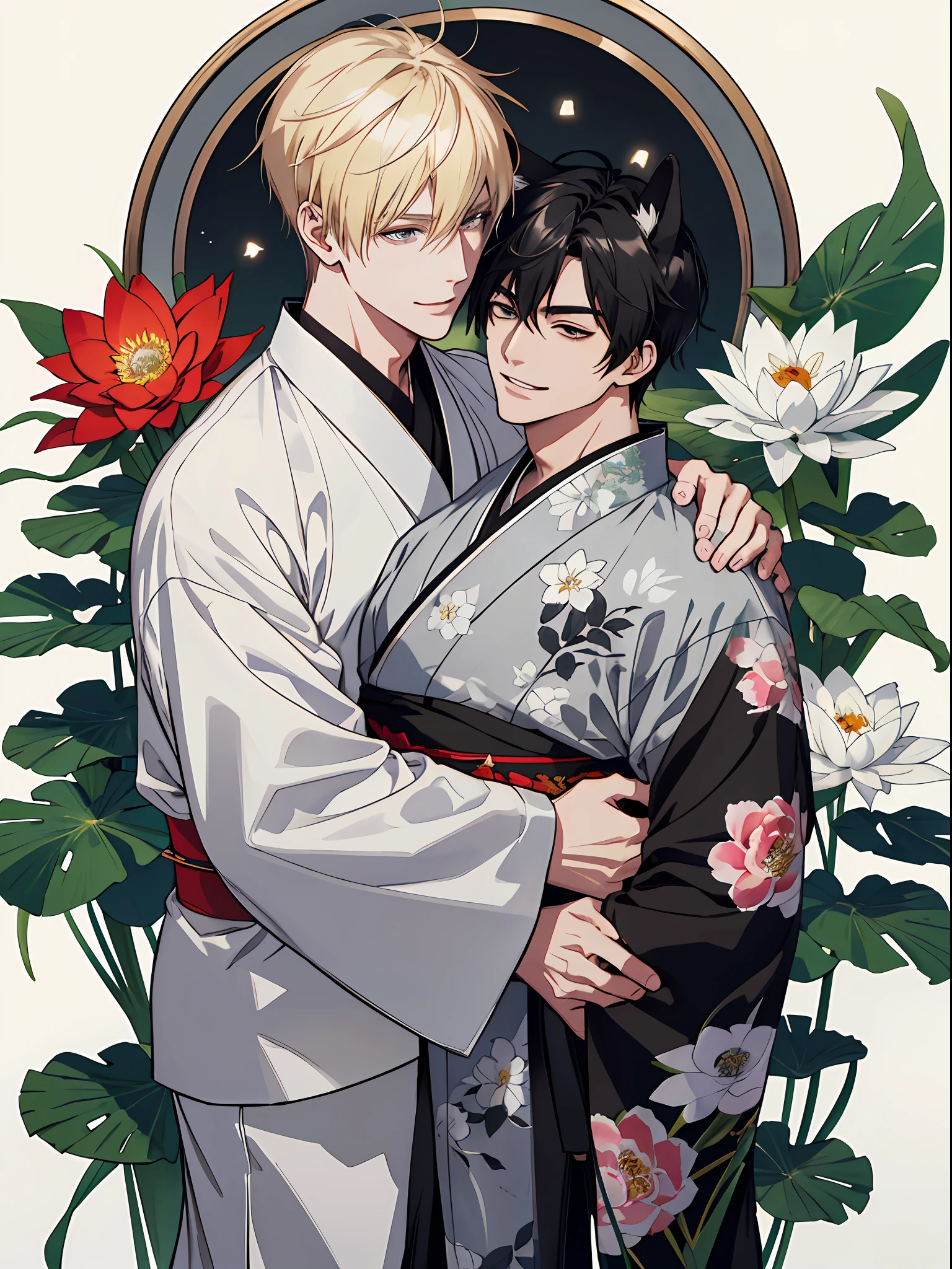 (8K, hight resolution, ultra-detailliert), a couple, 1 man and 1 man, Mature, yakuza、Hair color is different, (cuddling), full bodyesbian, a blonde and a black hair, (Two men smiling face to face)、Gray-haired man with beautiful fox ears、Armin、Strong man with black hair with wolf ears、Elvin、ink and watercolor painting、kimono、lotuses、Animal ears,、florals、Lots of flowers nearby、shenron、extra detailed face