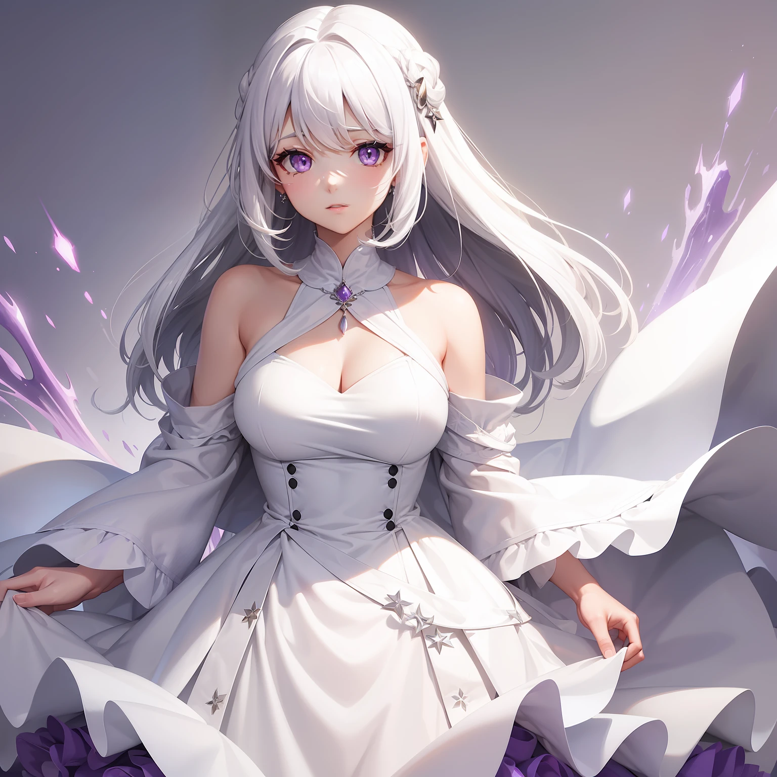 a women, white hair, purple eyes, white dress