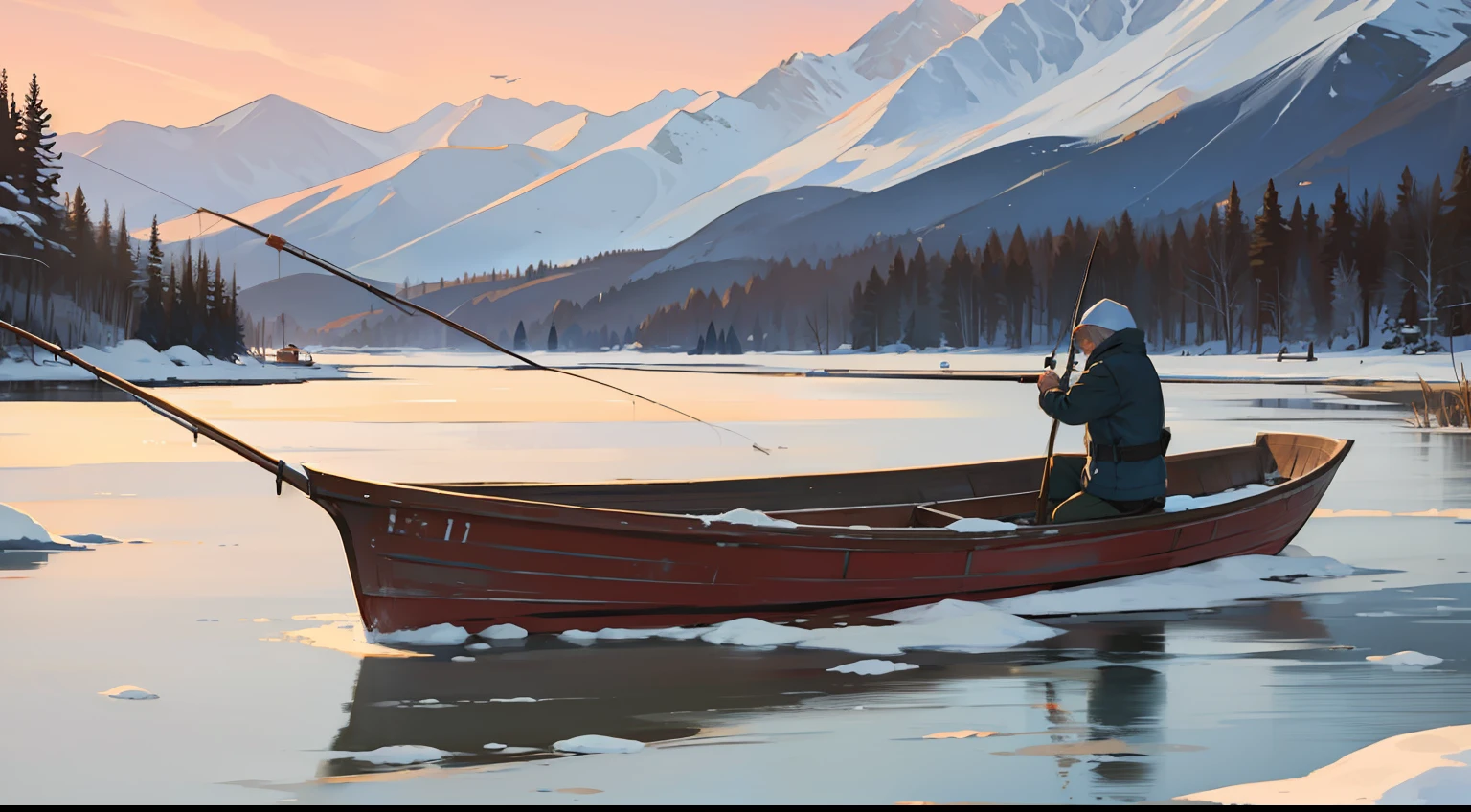 Lonely boat, fishing alone in the cold river and snow