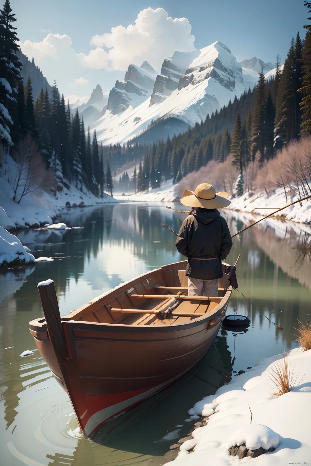A lonely fisherman in a boat wearing a bamboo hat and fishing alone in the cold river-snow. Big lake,Oyuki