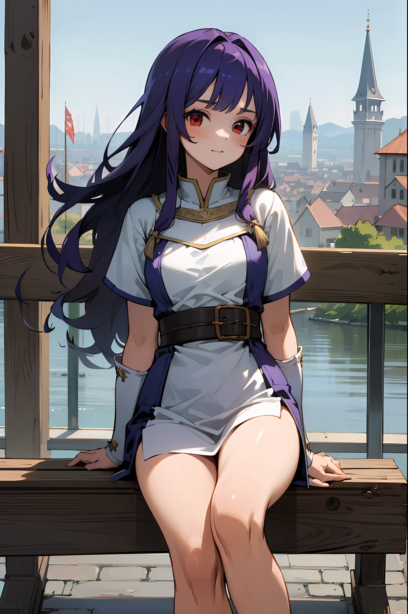 1girl, purple long hair. red eyes, wearing medieval fantasy dress, high res, ultrasharp, 8k, masterpiece, perfect body, perfect face, cute face, sitting on the bench, medieval city looking forward