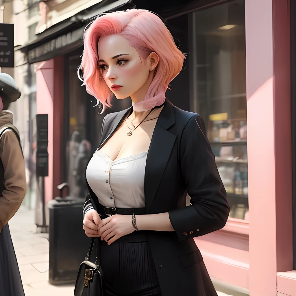 A scantily dressed promulgation woman with pink hair