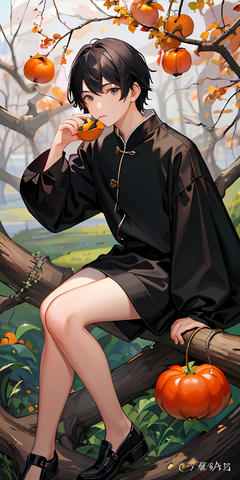8k, masterpiece, high quality, a boy, black hair and black eyes, oil painting, Q version, green long sleeves, Chinese children's clothing, under a tree, sitting and eating persimmons