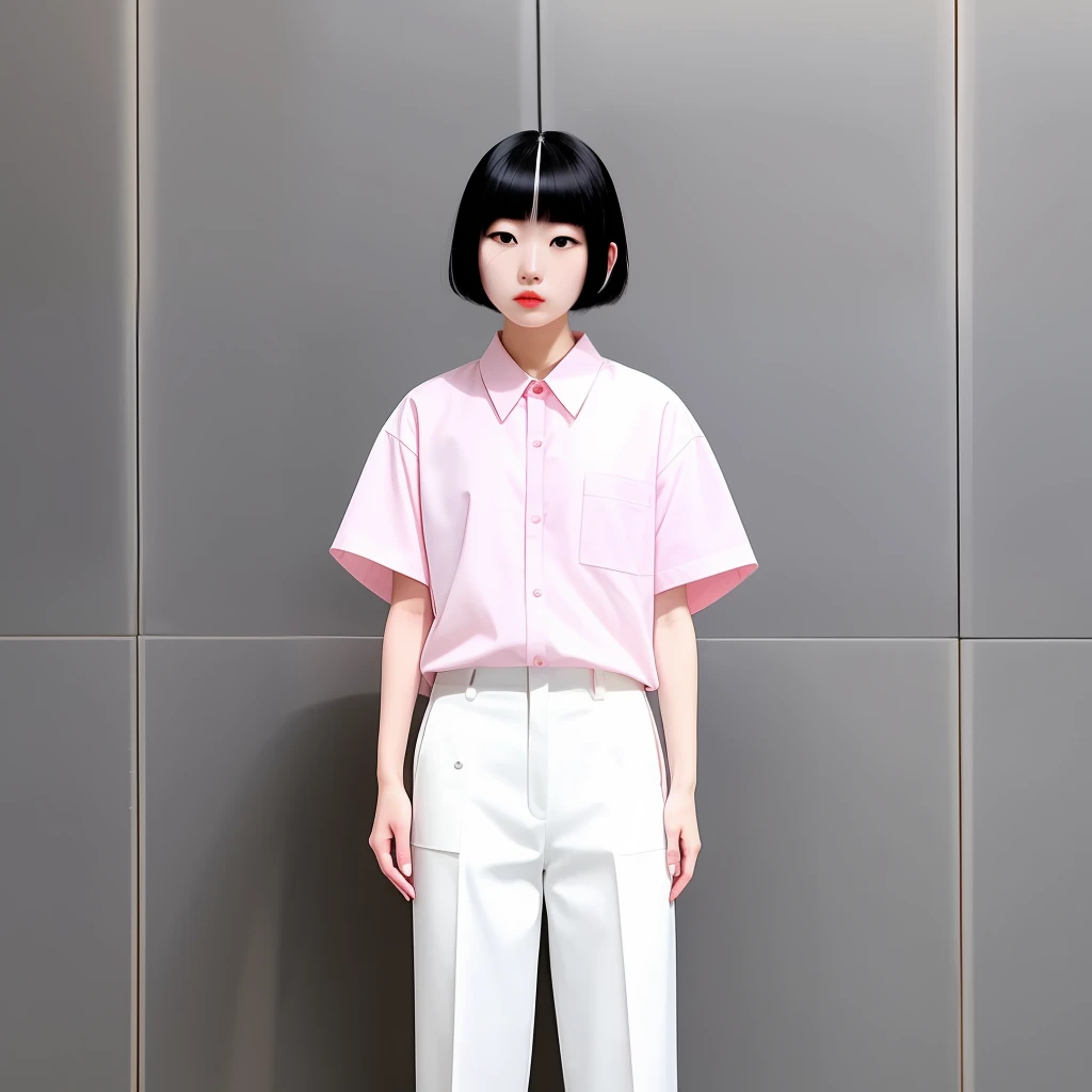 largeeyes,二重まぶた,with fair skin,Delicate lashes,Crooked eyebrows,Small nose,Cherry small mouth,pale pink lip,Ball head,By bangs,黑The eye,white shirt,Blue pants,Small white shoes,fully body photo,