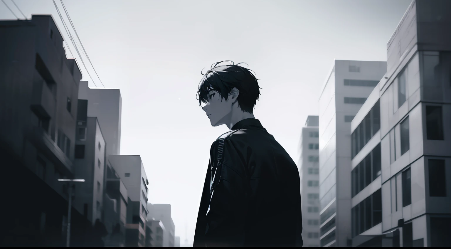 fading tone, cool boy, city boy, upper chest shot, monochrome, black, blue, back ground in black, everyday scenary, from side, looking up, heavily blurred background