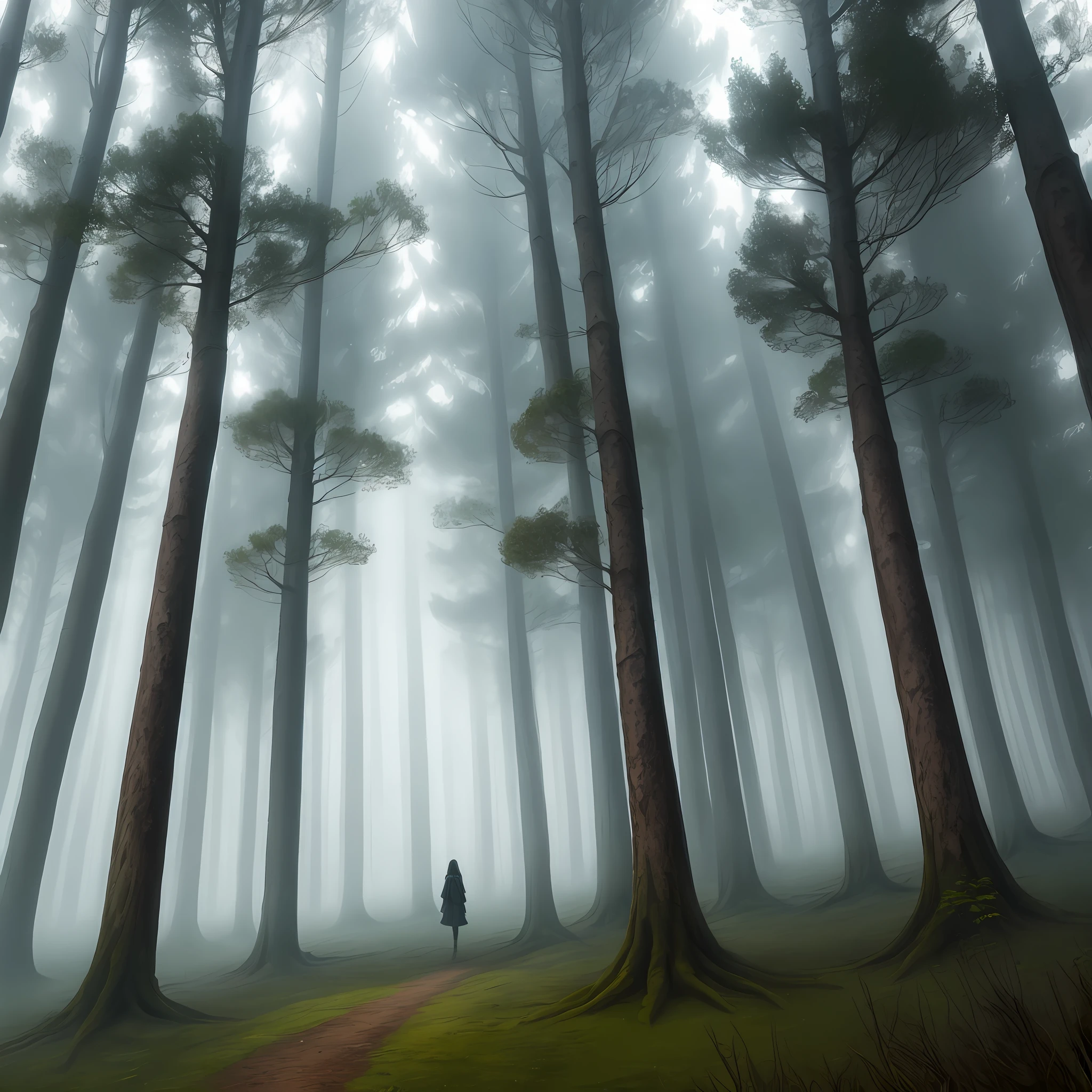 ln the forest，Fog，woman，Faraway view，dream magical