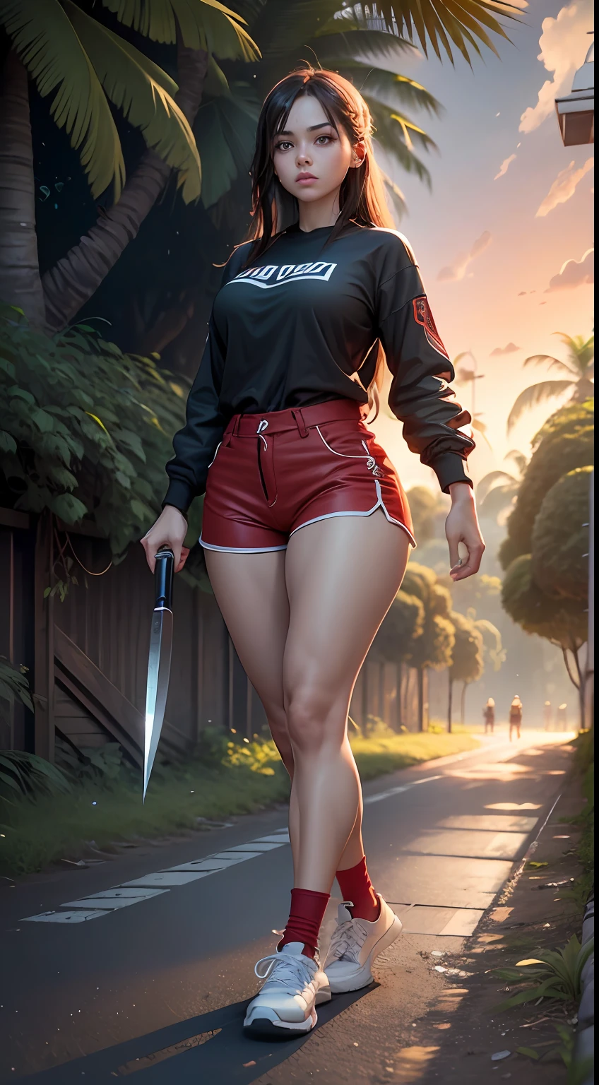1girll，Determined gaze，Extremely detailed picture quality，Movie lighting，（Best Masterpiece），（Photography Award），（8k wallpaper），Extremely detailed and perfect body structure，Very detailed depiction of the face，（Delicate skin：1.8），（ass big：1.8）；（Full breasts：1.8），（obvious muscle lines：1.5），（Red and black shorts：1.8），（Complete hands），(Holding a large knife in his hand)，Thighs exposed，Sweat soaks the body，Wear red high-top canvas shoes，（tropical jungle：2.0），（Dense jungle），（oases），（giant and wet trees），The setting sun shines obliquely，Full body appearance，（CG), (Unreal Engine5), Ultra photo realsisim