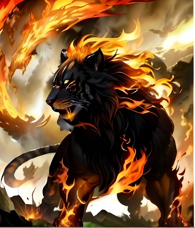 Close up of fire - blackface breathing animal, fire lion, tiger of fire flying, lord of beasts, fire and flames mane, Tiger_beast, the dark god of cats, Chimera, blazing infero, fire demon, Has the power of black magic, ghost of the fire spirit, fires!! Hyperrealistic,