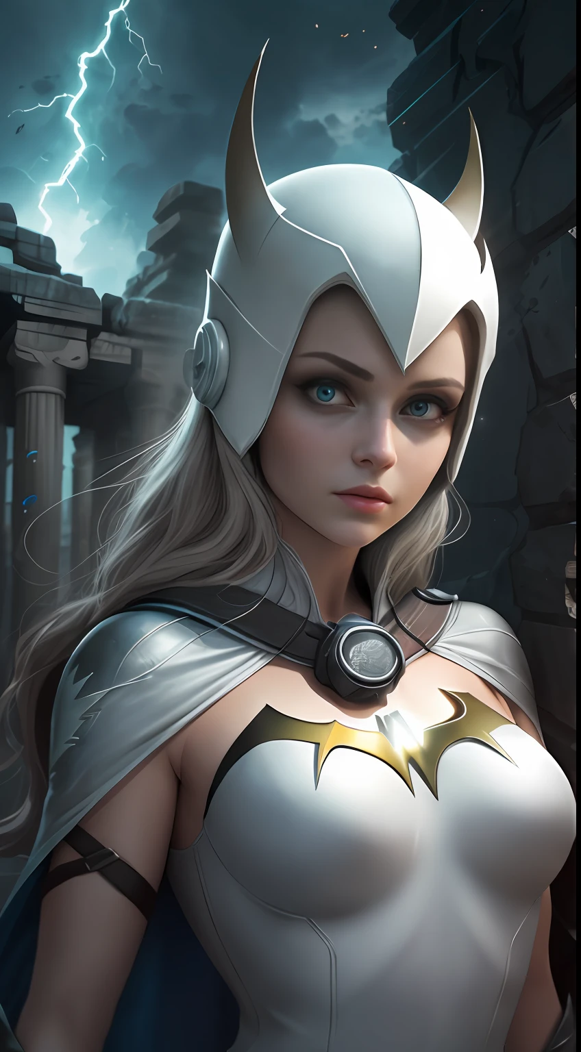 insane details, soft, (Realistic:1),(3d:1), (Highly detailed:1.2), Masterpiece, 8K UHD, Digital Art, photorealistic portrait illustration of White Batgirl by DC Comics, Wearing gaiters around the neck,facing viewer, looking a viewer,Glowing white eyes,Holding the soul, Dark ruins of an ancient temple in the background, Illuminated by blue light, Lightning in the background
