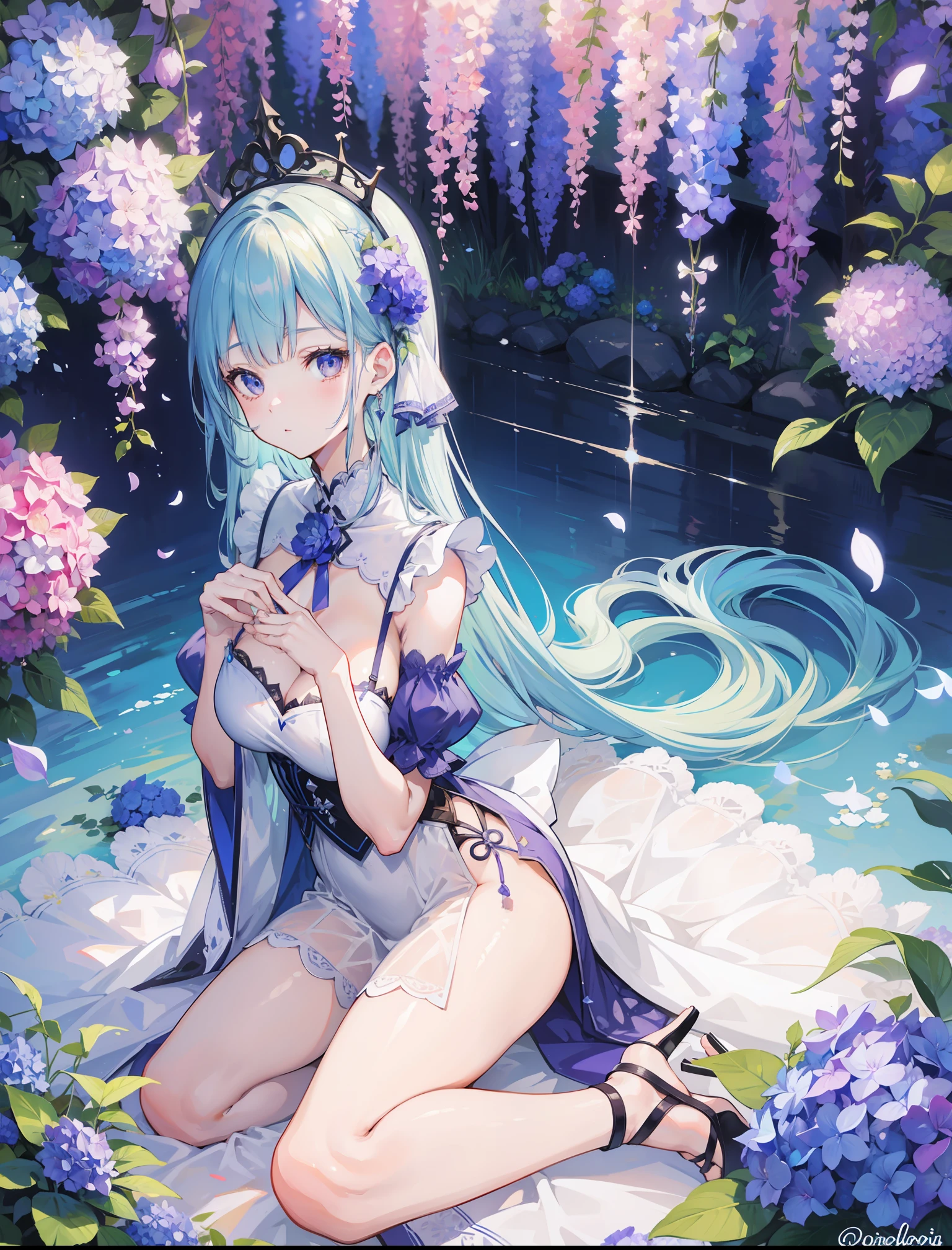 1 girl, Solo, hight resolution,Looking at Viewer, masutepiece,Best Quality, Extremely detailed, Perfect Lighting, , high-heels, Sunny, light tracing, Long hair, Detailed beautiful face, Looking at Viewer, , Wet, White Dress, See-through, thighs thighs thighs thighs,Anime girl with blue hair and purple dress standing in hydrangea flower field, a picture inspired by Pu Hua, trending on cg society, rokoko, atelier lulua, Stylized anime, from the azur lane videogame, a maid in a magical forest, Anime visuals of cute girls, anime stylized, Lori, deity of hydrangeas、Sunlight、a beauty girl、beautidful eyes、the original god、Transparency、watercolor paiting、masterpiece、8K