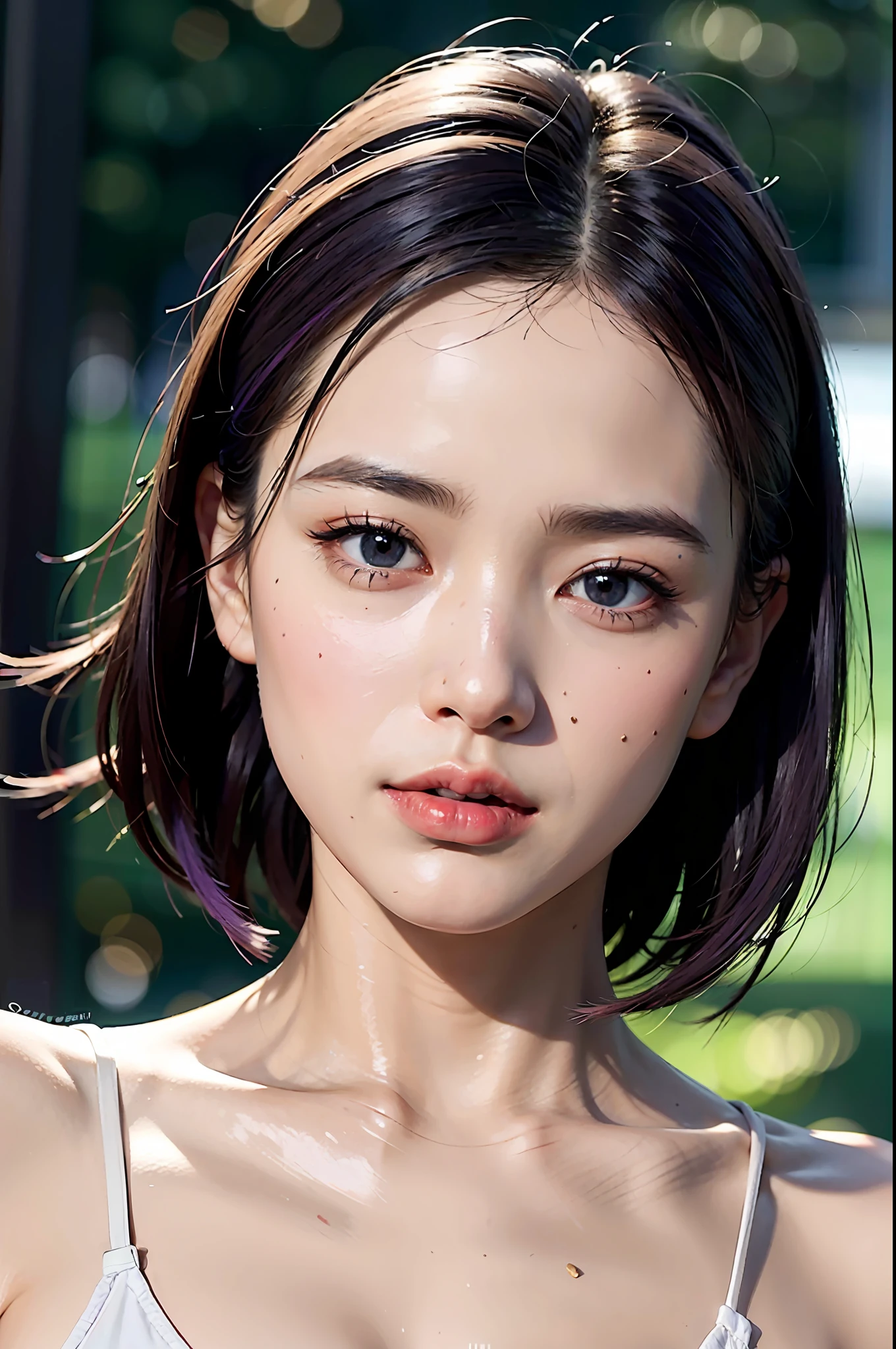 best qualtiy，tmasterpiece，extremely detaile，A high resolution，4K，超A high resolution，detailedshadows，Ultra photo realsisim，realisticlying，Dramatic lighting，1girll，独奏，详细的脸，photorealistic eye，Realistic skin，（Purple colored hair：1.5），dynamicposes，White Sexy Underwear，huge tit