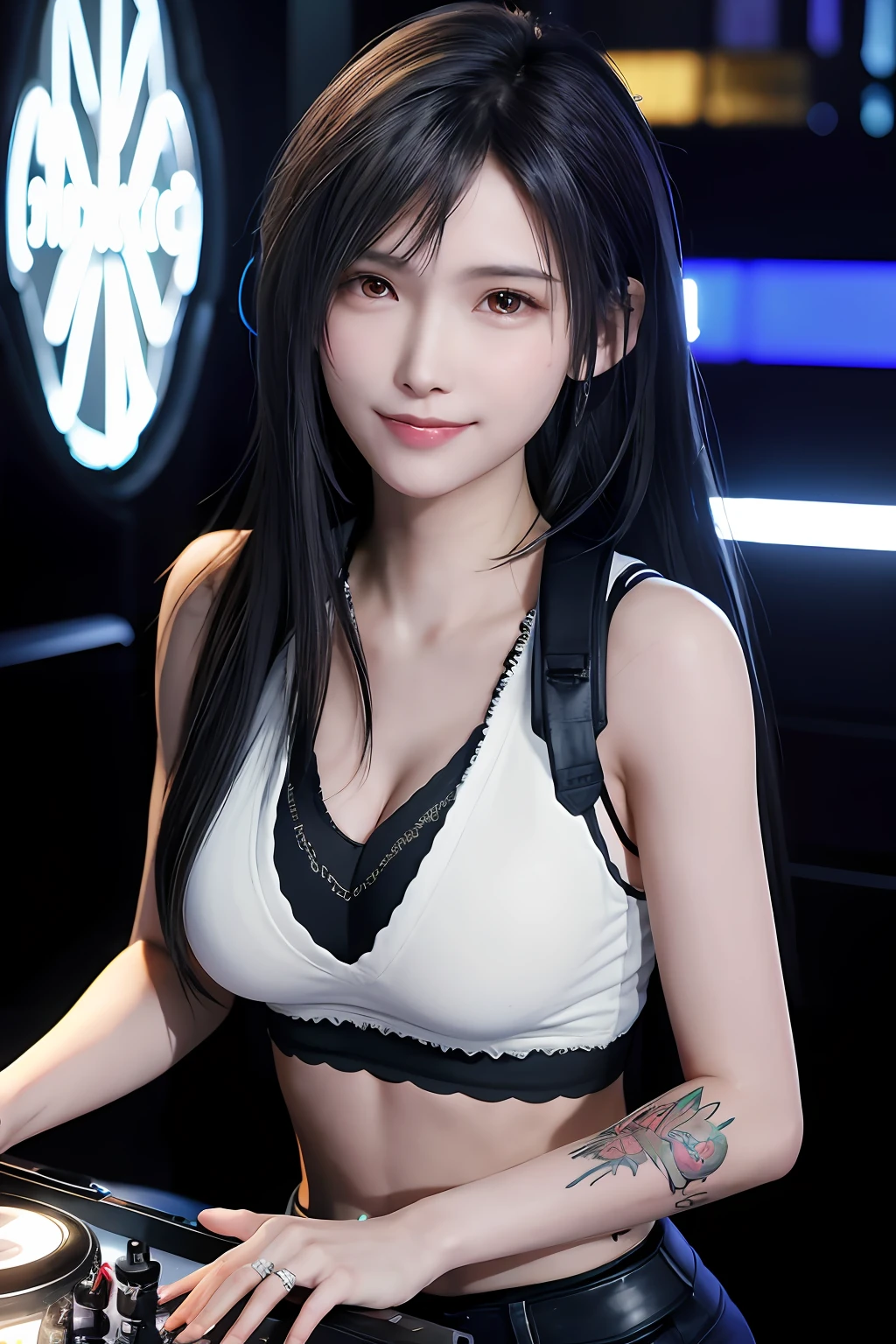 (8k, best quality, masterpiece:1,2), (realistic, photo-realistic:1,37), top quality, masterpiece, a beautiful woman, playing DJ music in a nightclub, wearing headphones, beautiful and tight body, tight clothes, cleavage, a little tattoo on the chest, a charming smile with dimples