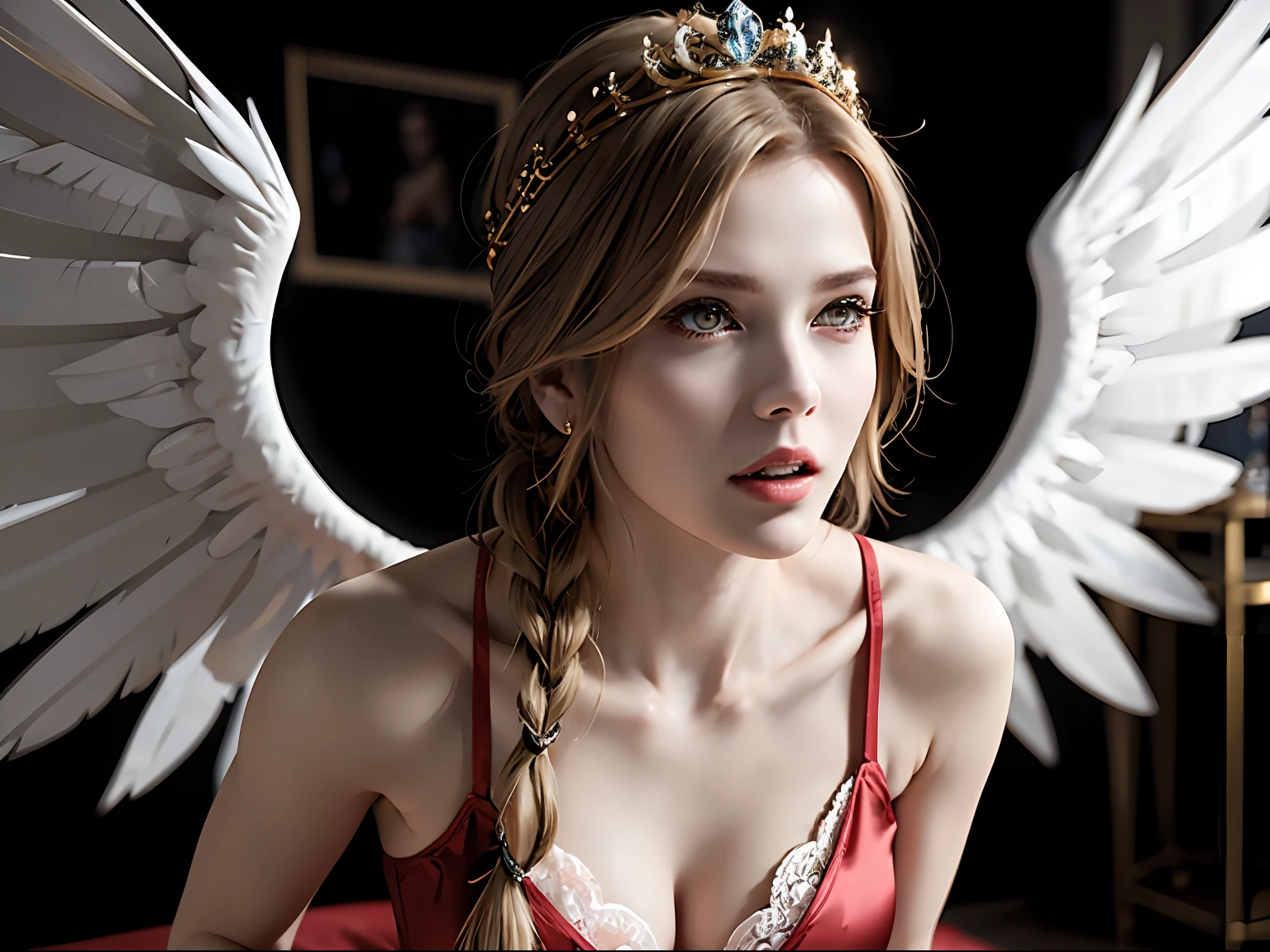 Ultra detailed complex 3D rendering of face, (big breasts: 8.8), (masterpiece, top quality, octane rendering, 8K), glamour shot full body image, cleavage, (highly detailed skin: 1.2), (exposure: 1.1), (blonde), (wearing a plummet tank top of red silk: 1.5)), blonde hair, beautiful white woman with full soft breasts and white skin, one with big ass, long braided hair(portrait))), big breasts, dynamic angles, mystical expressions, ultra-realistic photos, (portrait))), bare feet, futuristic city background, facial muscles, detailed and beautiful queen tiara, in the style of Marvel Comics, clear focus, studio photography, intricate details, highly detailed, detailed yellow eyes, sharp focus, digital rendering, professional, abs, ( ((Sexy Pose))), Natural Jungle, Open Your Mouth Lightly, Mansuji, Open Your Crotch, Seductive Look, Angel Ring, Detailed Angel Wings, Circle of Angels, Beautiful Mouth, Perfect Body Beauty: 1.4,
