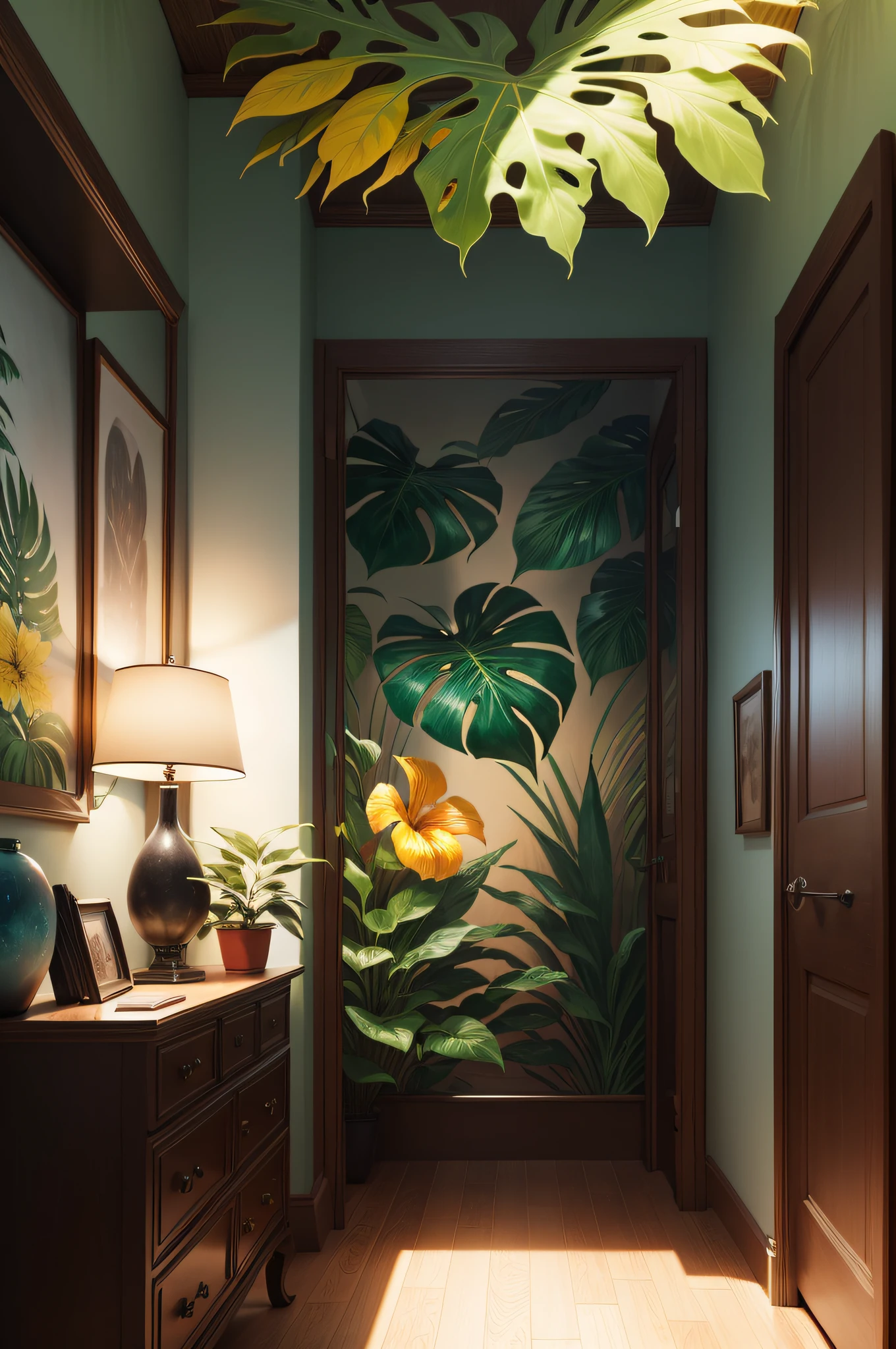 Design an Exotic Nature Art Background, Showcasing the Rich Diversity of Tropical Flora and Fauna in an Uncharted Eden