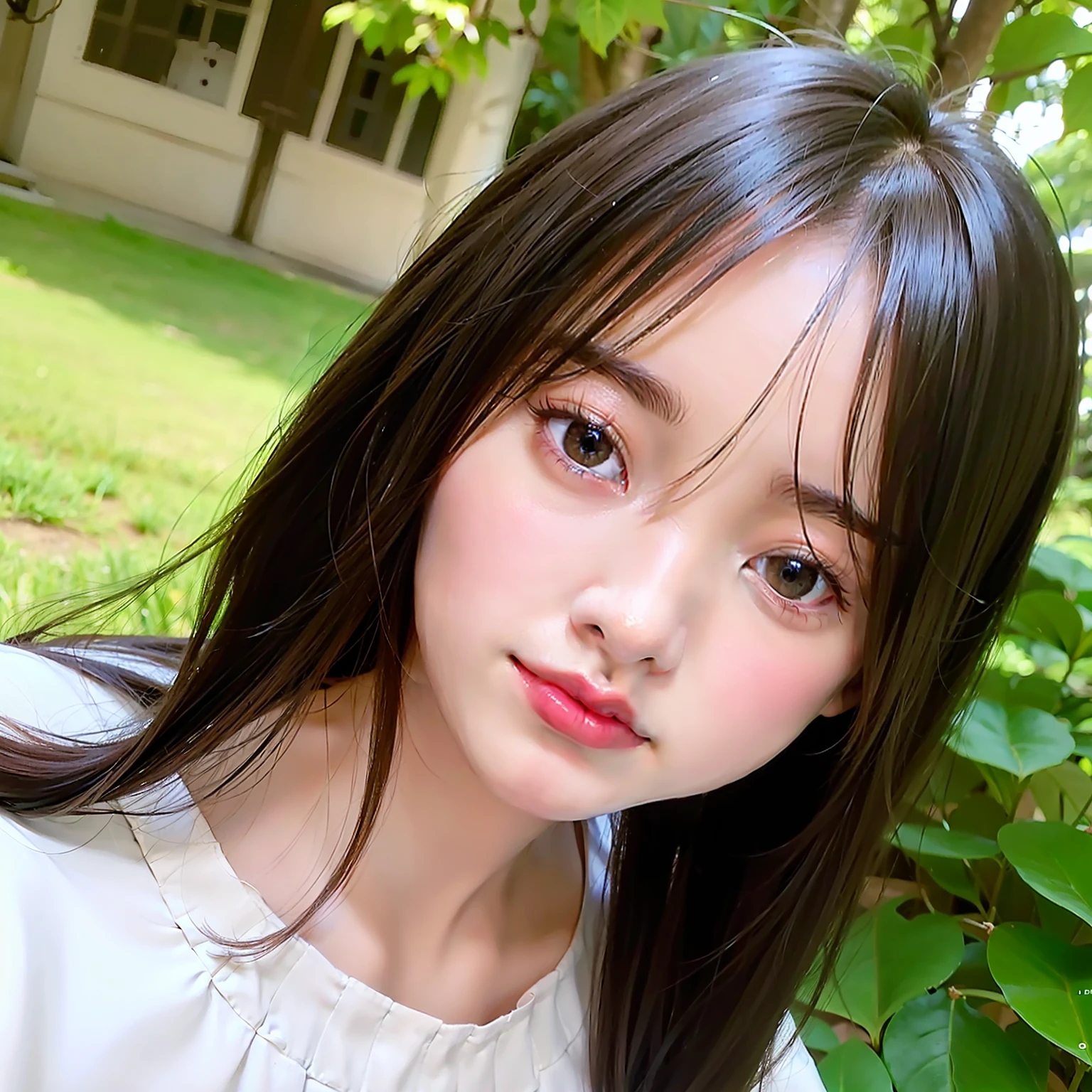 ((Top image quality、in 8K、masuter piece:1.3、))、Slender woman、超A high resolution、((real looking skin、Realistic hair、Delicate hair、Glossy skin))、((Single eyelid、solid single eyelids、elongated eyes、Fox face、、low nose、Narrow-eyed、Delicat eyes、Fox、Thin eyebrows、plump lips、Super delicate face、No lashes))、((slender body、Smaller chest))、Long black hair、japanes、Vietnamese、校服、hi-school girl、18year old、kwak ji young、Curly hair、a smile、Japanese Vietnamese