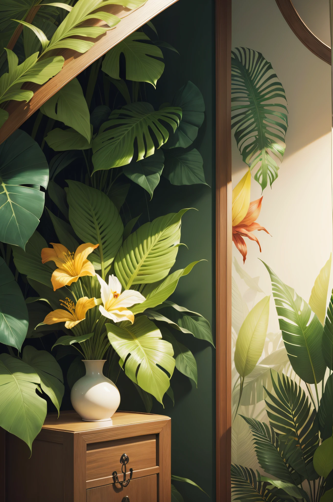 Design an Exotic Nature Art Background, Showcasing the Rich Diversity of Tropical Flora and Fauna in an Uncharted Eden