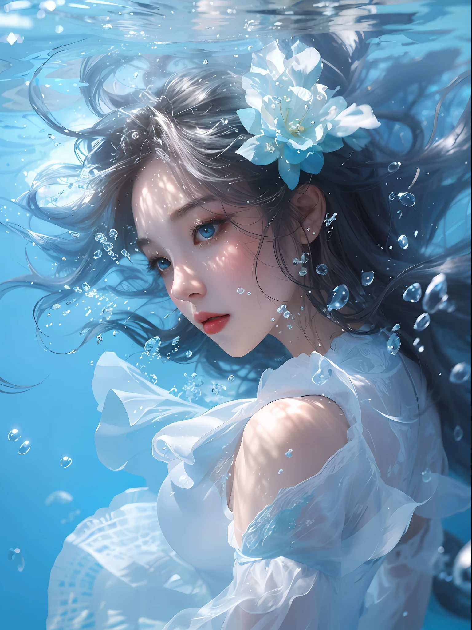 a close up of a woman in a white dress under water, wallpaper anime blue water, artwork in the style of guweiz, closeup fantasy with water magic, by Yang J, guweiz, a beautiful artwork illustration, water fairy, beautiful digital artwork, beautiful digital illustration, by Li Song, in the art style of bowater, beautiful anime portrait