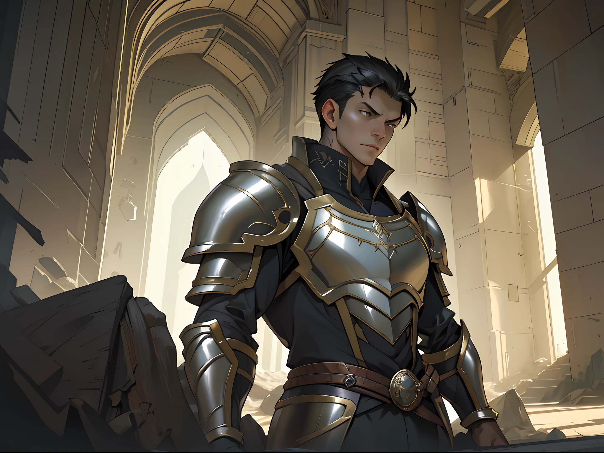 Portrait of a man, 1boy, Solo, Stand quietly, Heroes, A hero never seen before, jawline, Male, Epic, Handsome, prince, warrior, Silver armor, hyperdetailed 3d matte painting, cinemascope panoramic, awe inspiring, landscape, Natural skin texture,  Sharp focus, ((Cinematic look)), insanely details, Intricate details, greg rutkovsky、Works of art by Caravaggio and Alphonse Mucha, analogue style, Castle, inside castle, Calm environment,