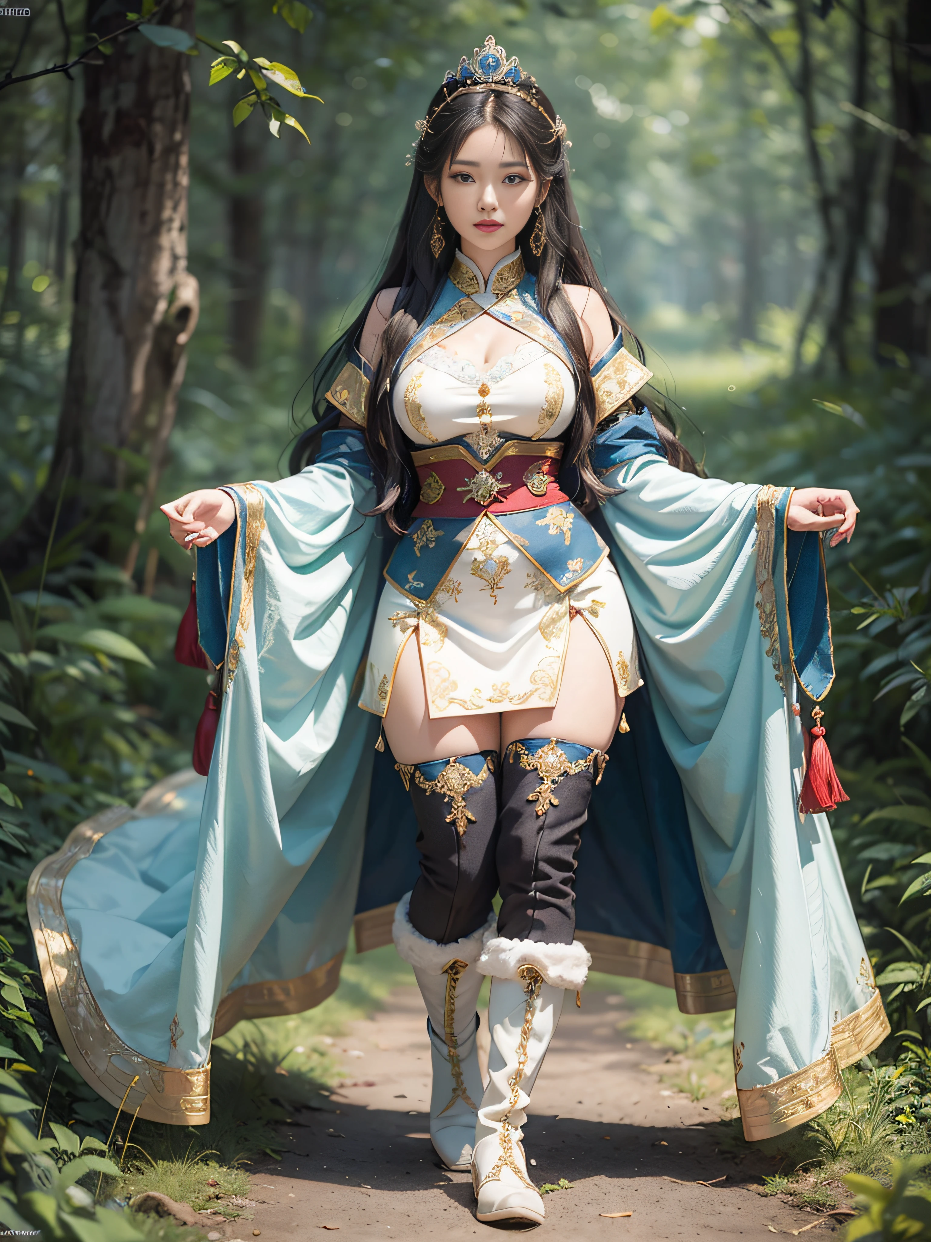 Royal sister，Big sister type，Oriental women，gallant woman，Cold sass，,tmasterpiece,A high resolution,,Absolutely beautiful,，are standing，Queen temperament，exquisitedetails,A high resolution,Wallpapers,1female,独奏,，enchanted、Raised sexy， Rich expressions， trinkets,Fluttering, Hanfu,,long trousers，Long boots，Reveal the appearance of long boots，Show stockings，over knee socks，embroidery, natural poses,standing on your feet， Fanning，16K，HDR，A high resolution，depth of fields，Bocoon，prime time，Vignette，rainbowing，（Wide buttock：1.4），（Thick legs：1.4）
