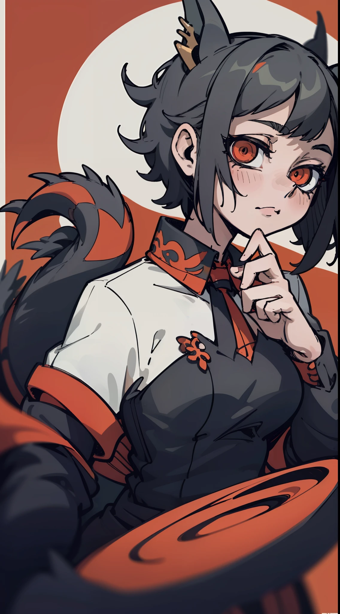 La mejor calidad: 1.0), (Super High Resolution: 1.0), Extremely detailed character, Manos extremadamente detalladas, Girl half dragon, trompetas, escamas en el cuello, escamas en los hombros, escamas en el antebrazo, escamas en la mejilla, Extremely detailed black dragon tail, cabello extremadamente detallado, pelo corto, cana, cerraduras negras, Ojos extremadamente detallados, ojos amarillos, ojos de gato, 2d, Chica Tomboy, Arte del anime, Yin-yang symbol in the background of the half-blurred image