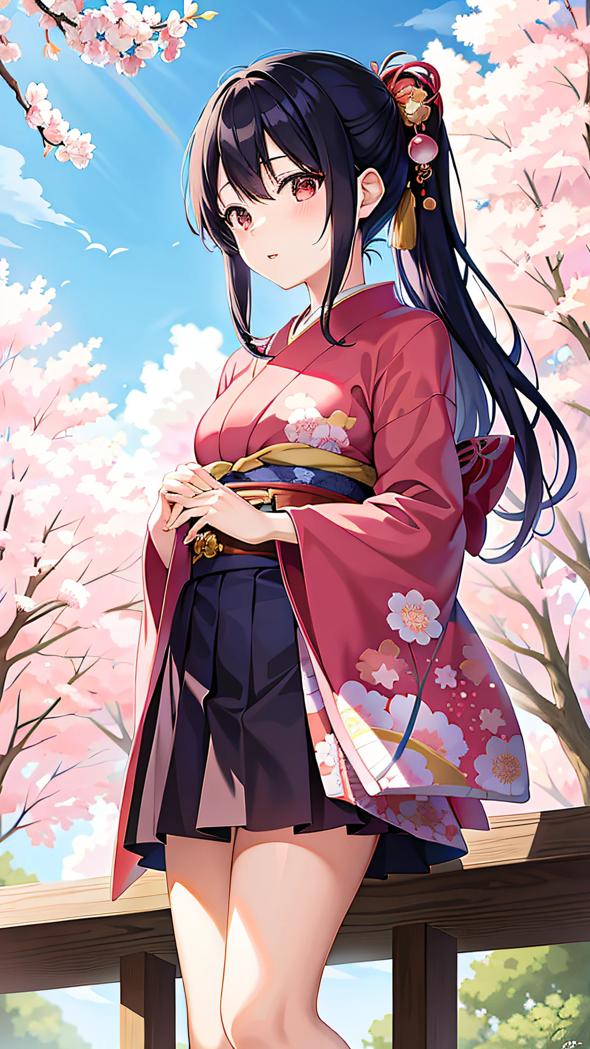 Anime girl standing on wooden deck in kimono, komono, anime moe art style, in a kimono, anime visual of a cute girl, Anime art wallpaper 8 K, (Anime girl), High Quality Anime Art Style, Beautiful anime girl, author：Hosomura Kane, sakura petals around her, trending on artstation pixiv, offcial art