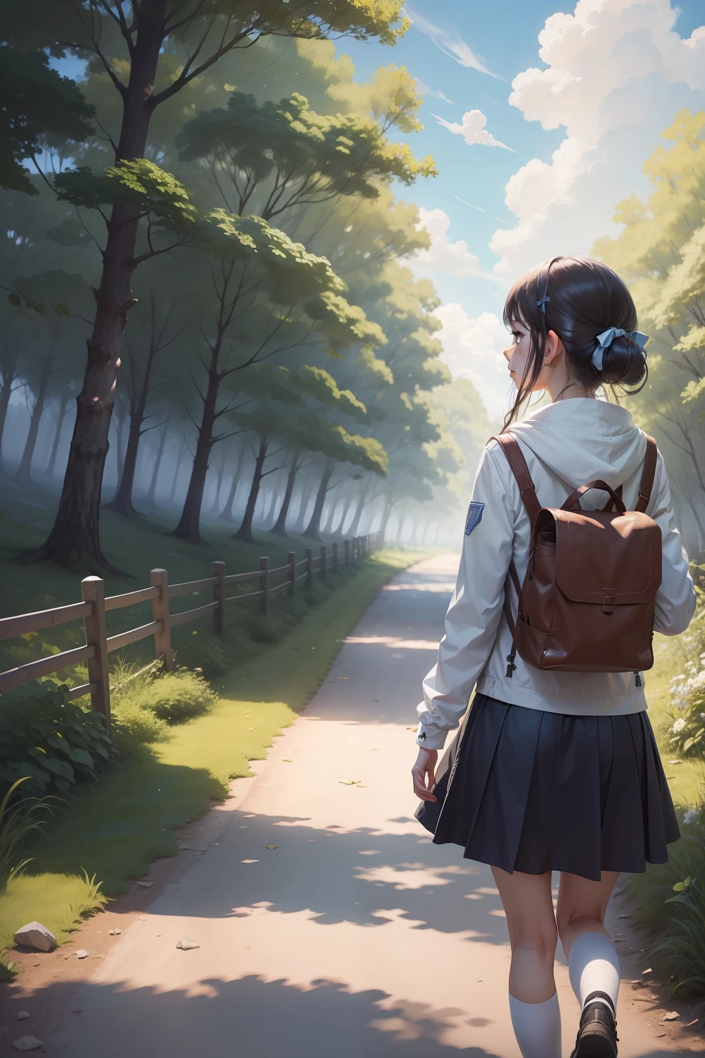 with blue sky and white clouds,ln the forest,There is one girl,taking a walk