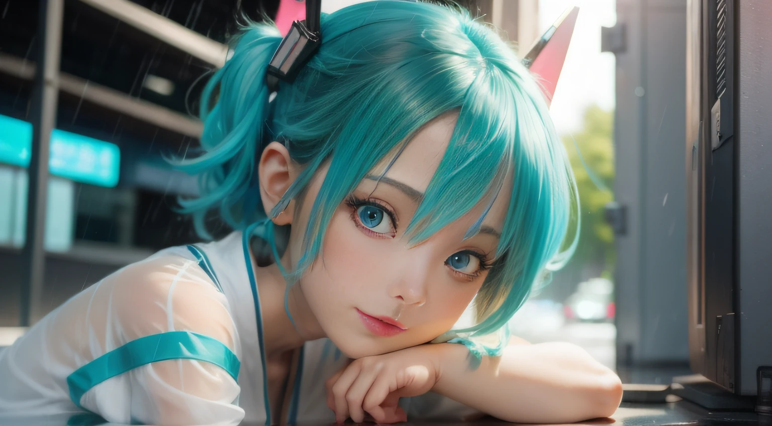 anime girl with blue hair and blue eyes in the rain, an anime drawing inspired by Yuumei, pixiv contest winner, Digital art, Anime girl with teal hair, Hatsune Miku short hair, Anime style portrait, sad cerulean eyes, nightcore, fubuki, Anime moe art style, mikudayo, portrait anime girl，girl portrait, anime styled digital art, Digital anime art，Wear a skinny all-inclusive gel set，shackle，Anime style mixed with Fujifilm [ trending on CGSociety ]!!