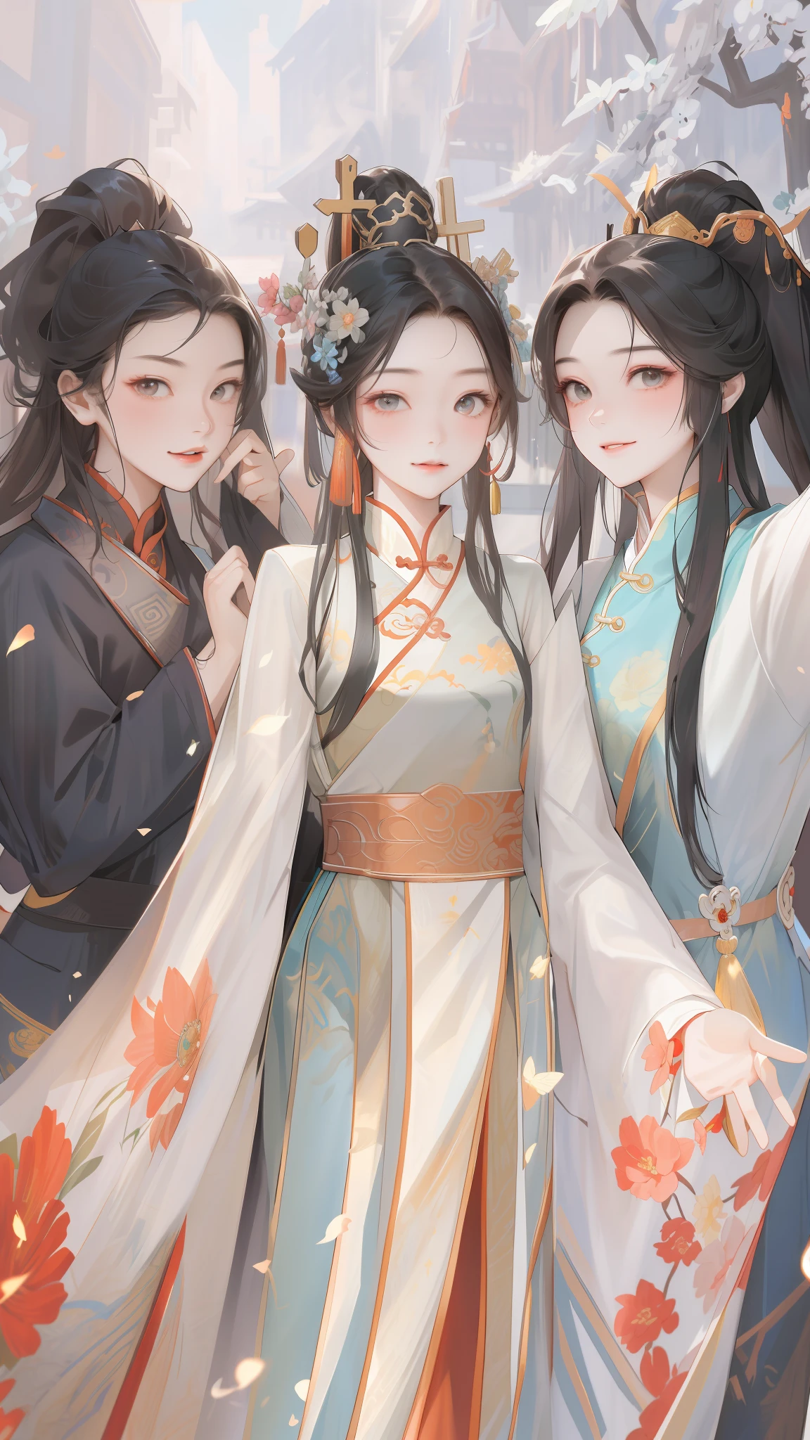 Detailed digital anime art，A picture，tmasterpiece，max detail，（Best picture quality），Three people take a selfie，（（（（Boy on the left|Middle Girl：2|Boy on the right））），In the middle is a girl dressed in traditional Chinese clothing，Asian boy on the left，Asian boy on the far right，Selfie pose，From photo China, full-body wuxia, Chinese fantasy, three futuristic princes, xianxia fantasy, Palace ，Inspired by Qiu Ying, inspired by Lü Ji, inspired by Zhang Wo, Enough to be a masterpiece。The painting is undoubtedly the best in hyper-detail，Higher quality，high detal， 超高分辨率， 8K分辨率， depth of fields， cinematic photogtaphy， intricately details， carefully， meticuloso， glorious，  extreme beautiful，， A picture， Higher quality， high detal， 超高分辨率， in a panoramic view， Exquisite facial features， s the perfect face，