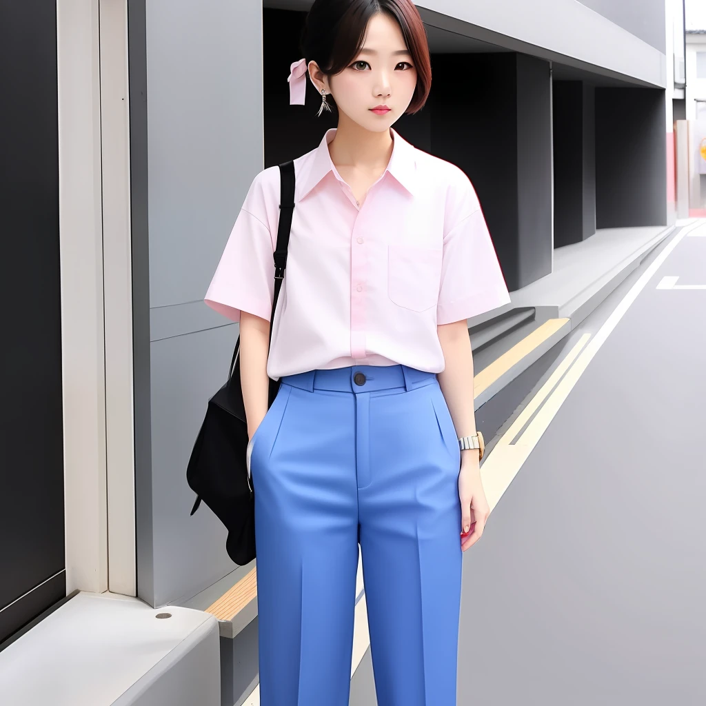 二重まぶた，Small nose，Cherry small mouth，pale pink lip，黑The eye，white  shirt，Blue pants，Small white shoes。