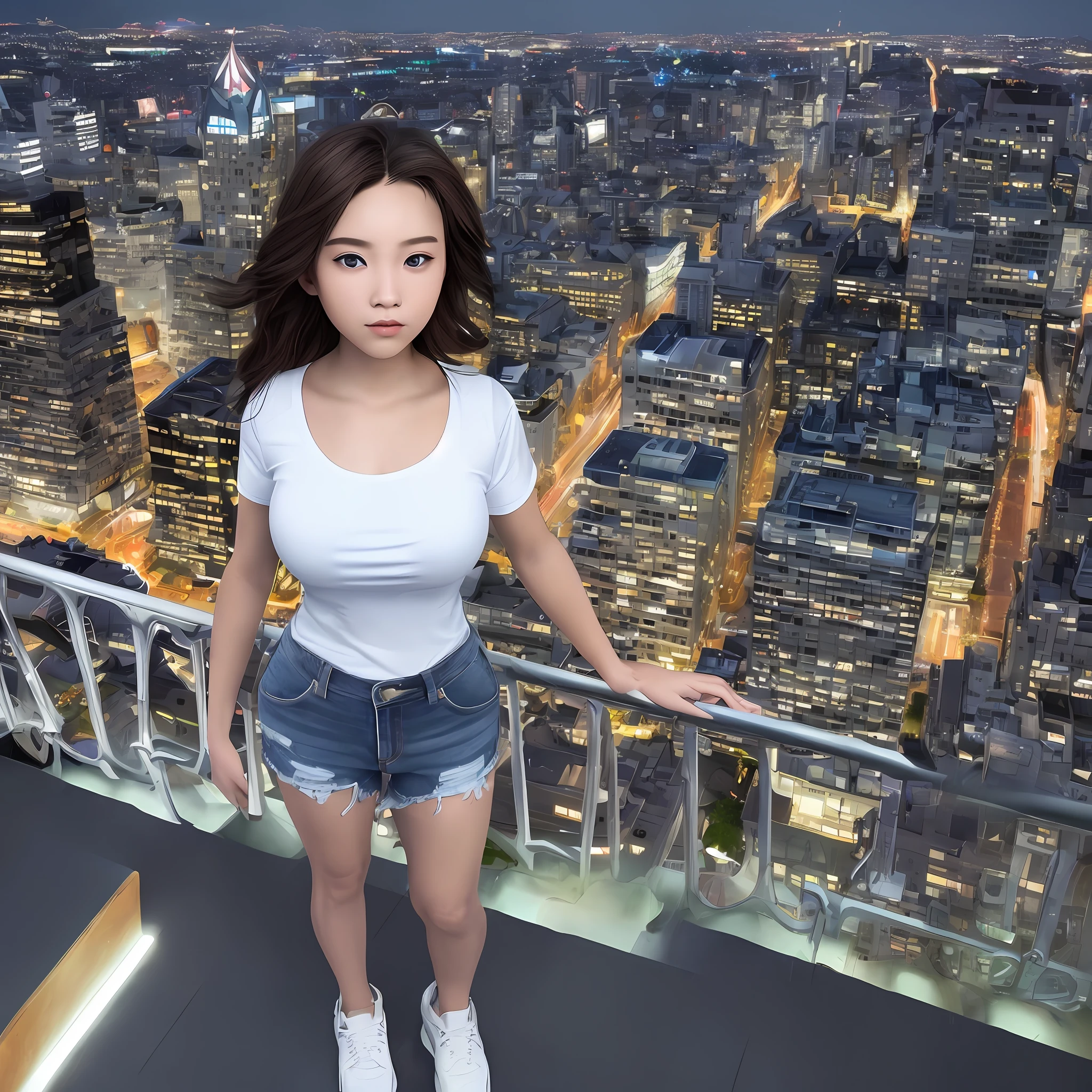 ((Midnight, Acura, 8K, Masterpiece: 1.3)), Full body, Long legs, Focal length: 1.2, Perfect Body Beauty: 1.4, Slim Abs: 1.1, ((Dark Brown Hair, Big Breasts: 1.3 )), (White Skinny T-shirt, Denim Suspenders, Standing: 1.2), ((City Night View, Roof: 1.3)), Highly detailed face and skin texture, Detailed eyes, Double eyelids
