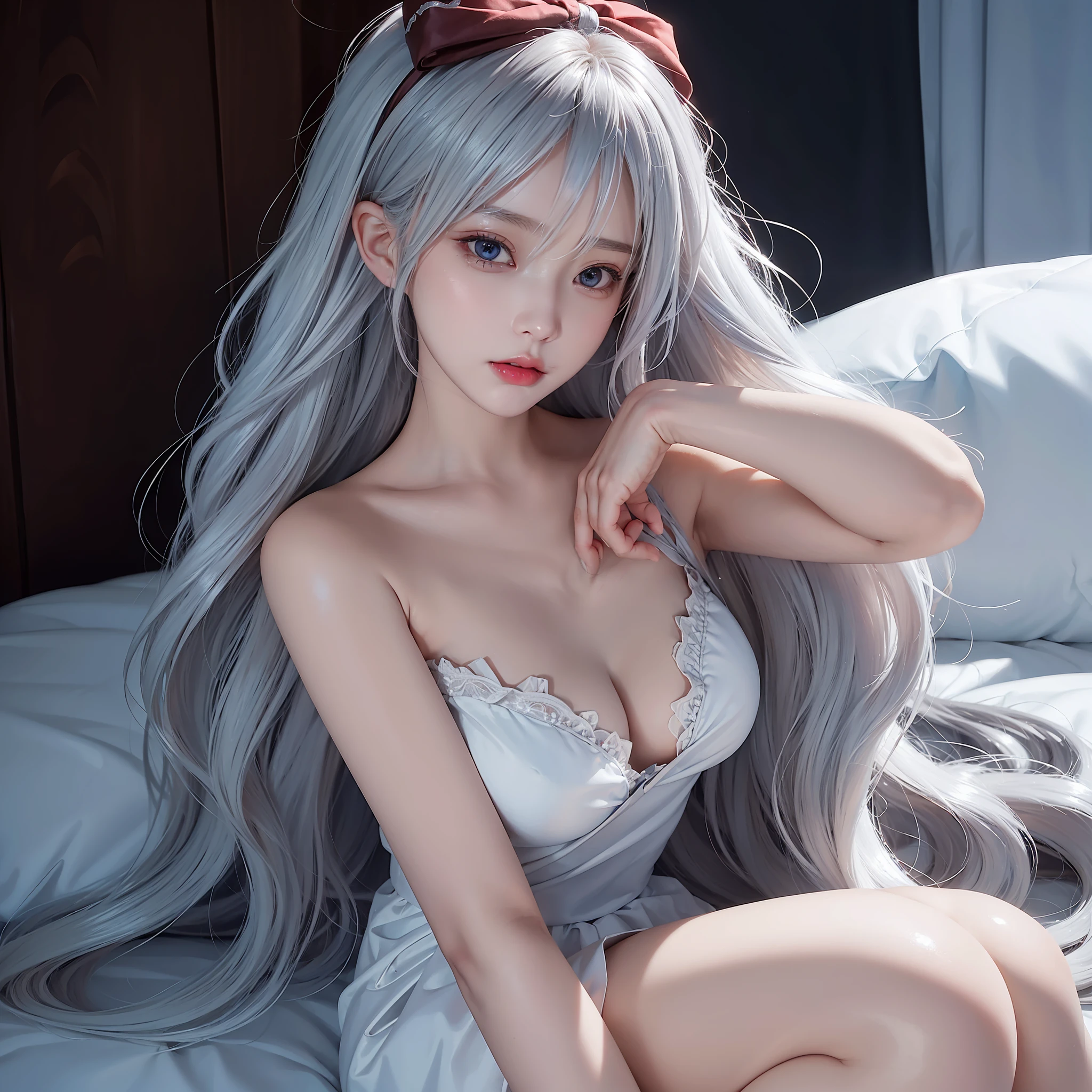 (masterpiece:1.1), (detailed:1.1), ((1girl)), (8k), medium breasts, anime girl with long silver hair laying on a bed, perfect platinum haired girl, seductive anime girl, girl with platinum hair, beautiful anime girl, photorealistic anime, realistic young anime girl, hyper realistic anime, realistic anime 3 d style, attractive anime girl, smooth anime cg art, anime girl, beautiful anime woman, silver haired, dress white, (brown eyes), (red bow), (cute face), rosy cheeks, (detailed face), (detailed eyes), (look like sinestrea arena of valor), (sinestrea from arena of valor), (beautiful face), full body shot, skin white, (eye left blue), (eye right brown)