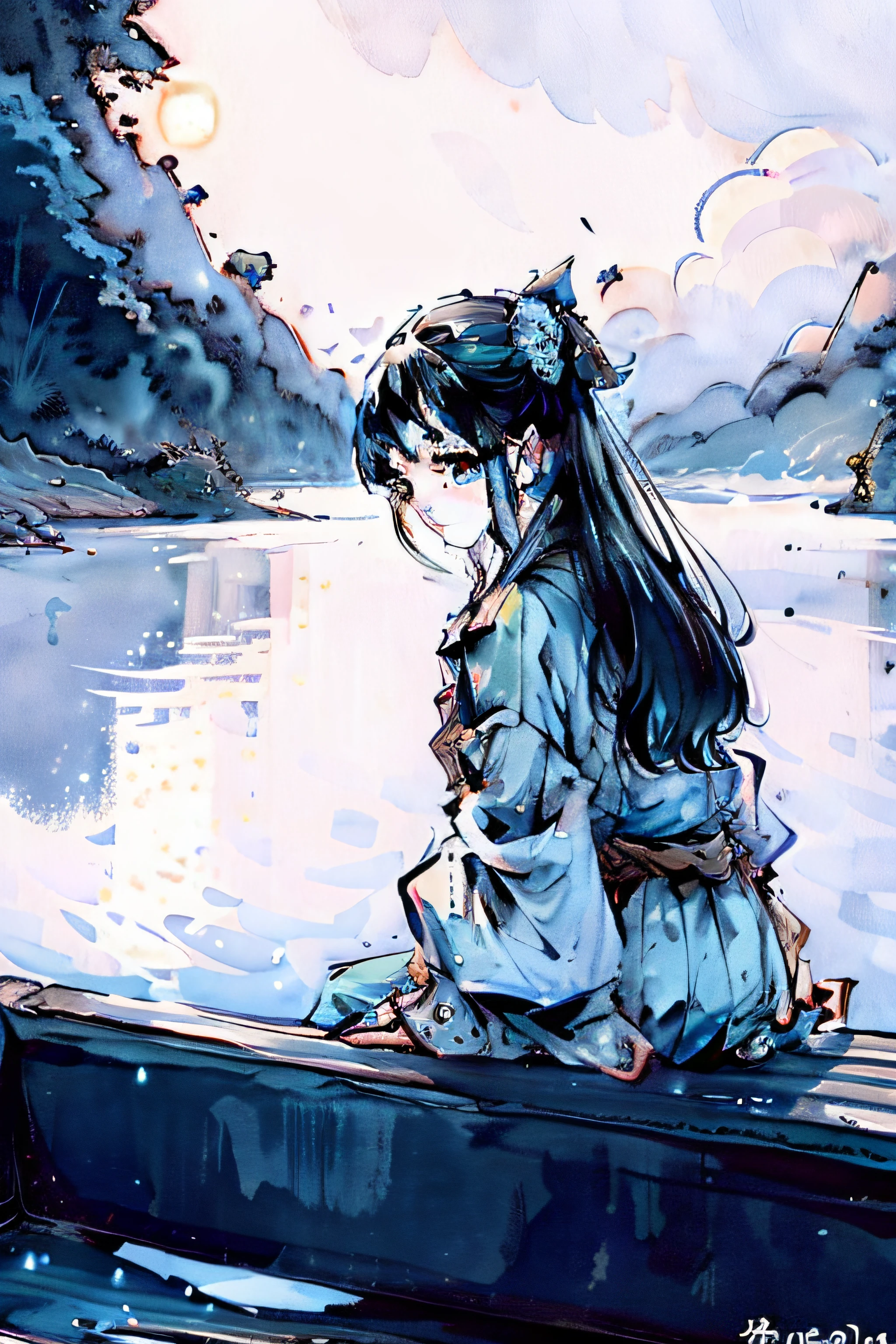 On the boat,After getting drunk, I don't know if the sky is in the water,Full of dreams and starry rivers,Antique two-dimensional characters,the night