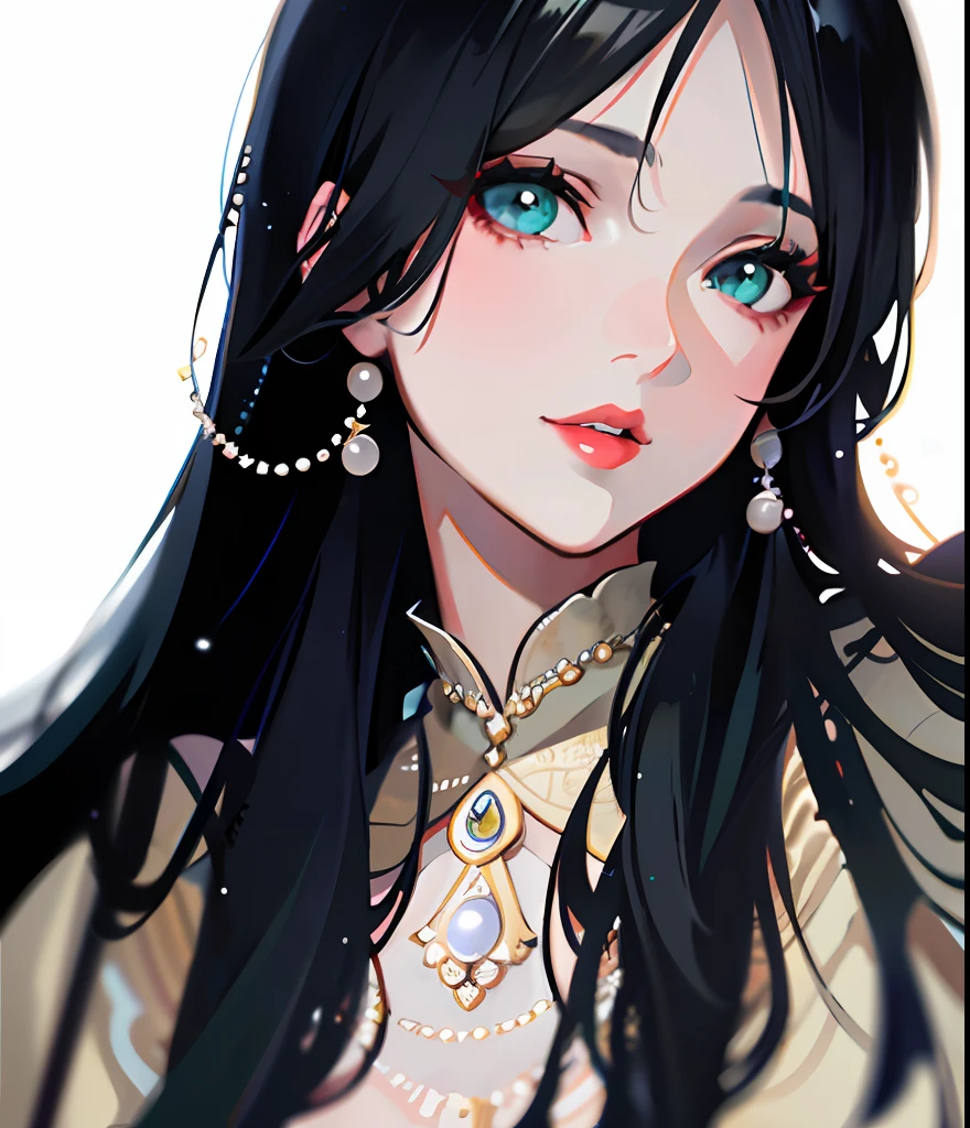Woman with long hair,The shirt,ssmile,Green eyes,pearls necklace,largeeyes,Redlip,Beige clothes,ultra - detailed,(tmasterpiece:1.2),best qualtiy,tmasterpiece,highest quality,HighestQuali,Original,extremelydetailedwallpaper,Perfect lighting,(extremaly detailed cg:1.2),desenho