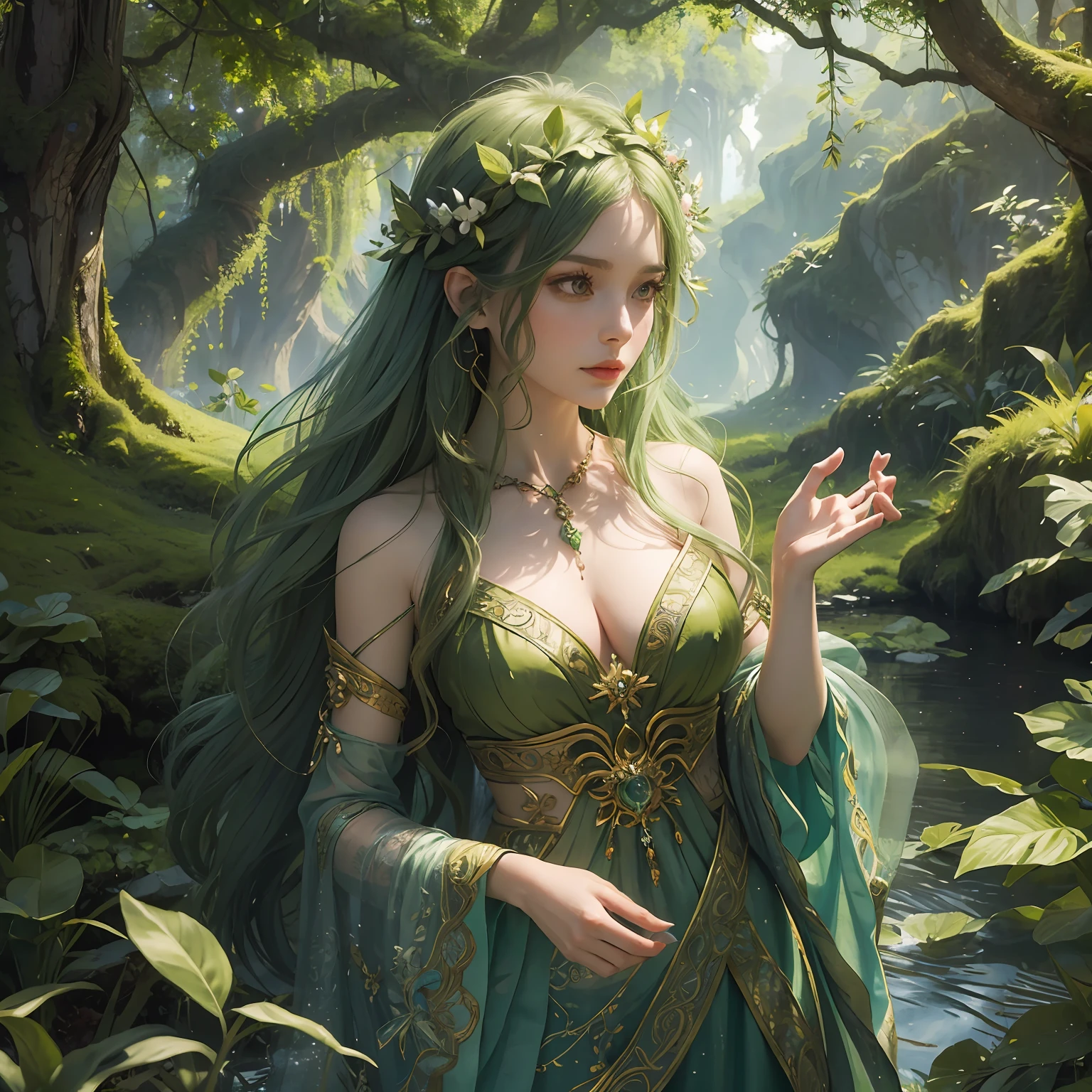 masterpiece captivating portrayal of a D&D dryad, a mystical being composed entirely of lush vegetation, brought to life by the visionary artist, Sylvan Frostleaf. (Verdant:1.2) form adorned with vibrant leaves and blossoms, (graceful:1.1) movements echoing the dance of nature, (transcendent:1.1) aura radiating a serene energy, (piercing:1.1) eyes reflecting ancient wisdom, (whispering:1.1) foliage entwined in her hair, (harmonious:1.1) connection with the surrounding flora, (unveiling:1.1) the profound bond between the dryad and the natural world, (capturing:1.1) the essence of her botanical beauty, (immortalizing:1.1) the enchantment of the vegetation-made dryad.