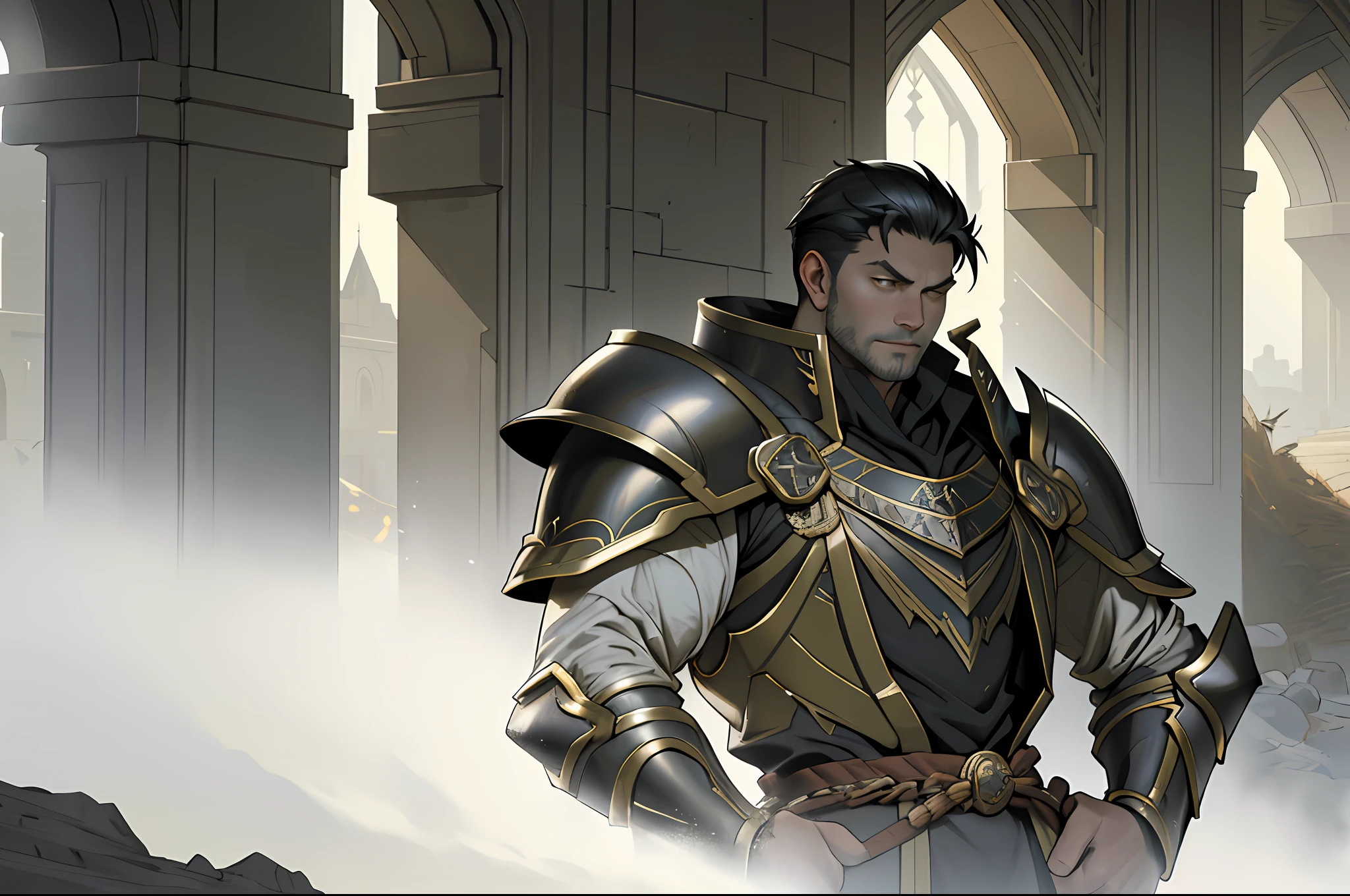 Portrait of a man, 1boy, Solo, Stand quietly, Heroes, A hero never seen before, jawline, Male, Epic, Handsome, prince, warrior, Silver armor, hyperdetailed 3d matte painting, cinemascope panoramic, awe inspiring, landscape, Natural skin texture, Sharp focus, ((Cinematic look)), insanely details, Intricate details, greg rutkovsky、Works of art by Caravaggio and Alphonse Mucha, analogue style, Castle, inside castle, Calm environment,