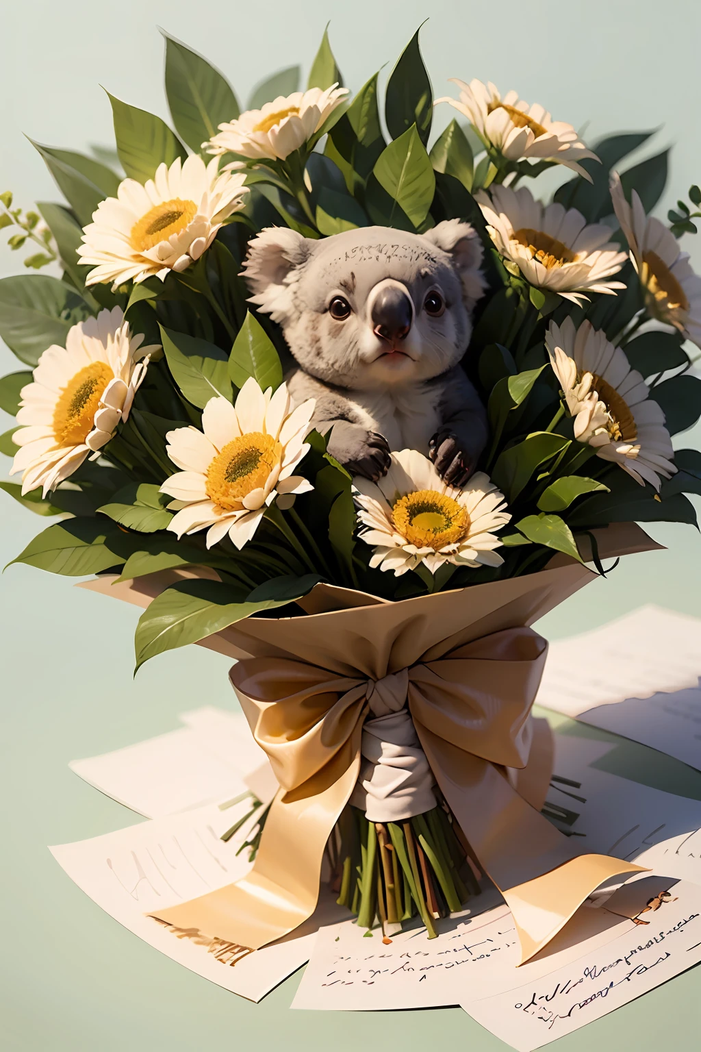 A bouquet of white koalas and a birthday inscription on parchment --auto --s2