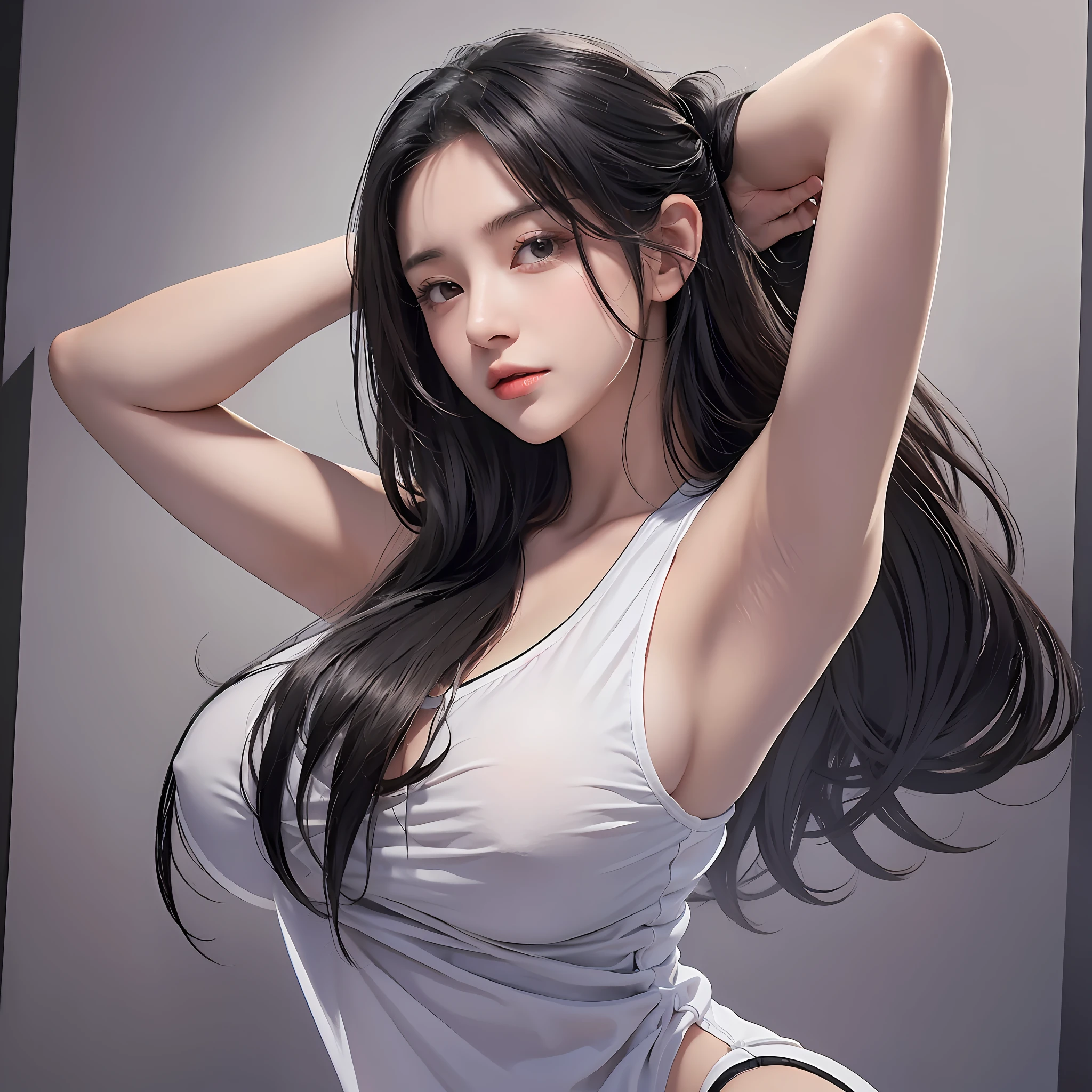 a drawing of a woman with long black hair and a white shirt, side boob, heavy gesture style closeup, flat anime style shading, full body illustration, extra detail, clean detailed anime style, wearing a white tanktop, wearing tanktop, thick border lines