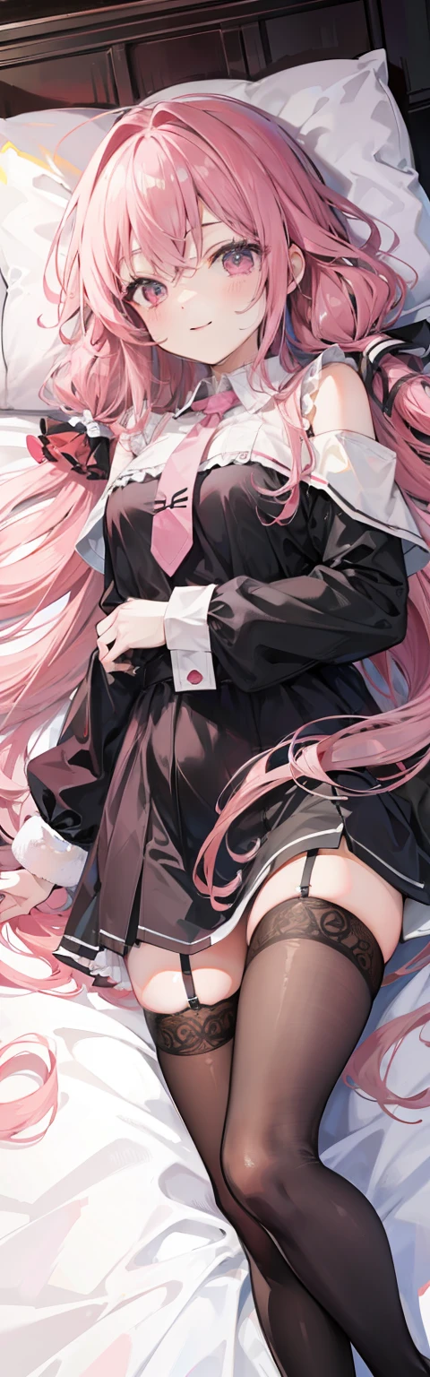 Masterpiece, best quality, loli, pink curly hair, very long hair, smiling, wearing black stockings, lying on the side of the bed